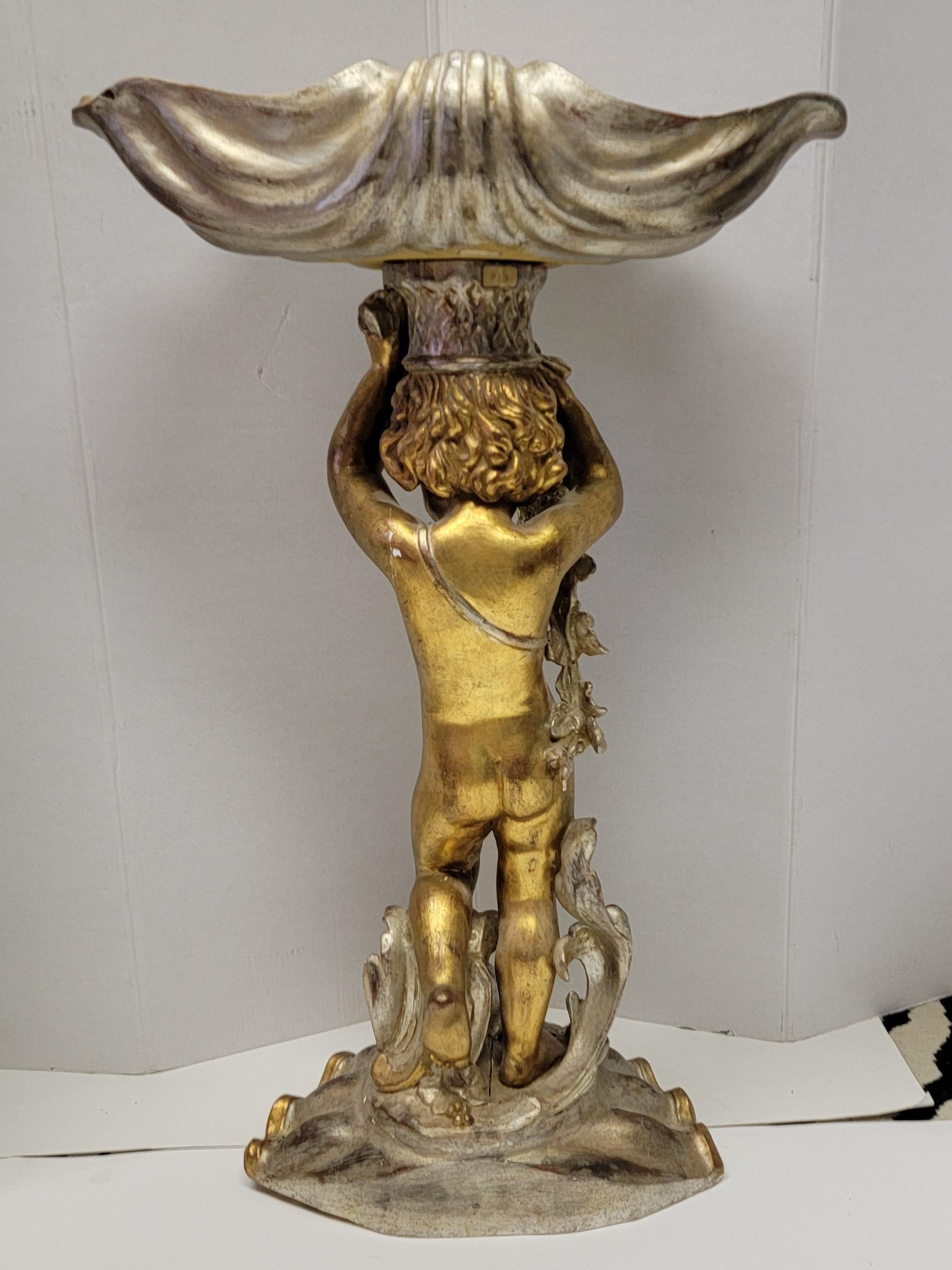 Rococo Grotto Style Italian Giltwood Carved Putti and Shell Form Jardiniere For Sale