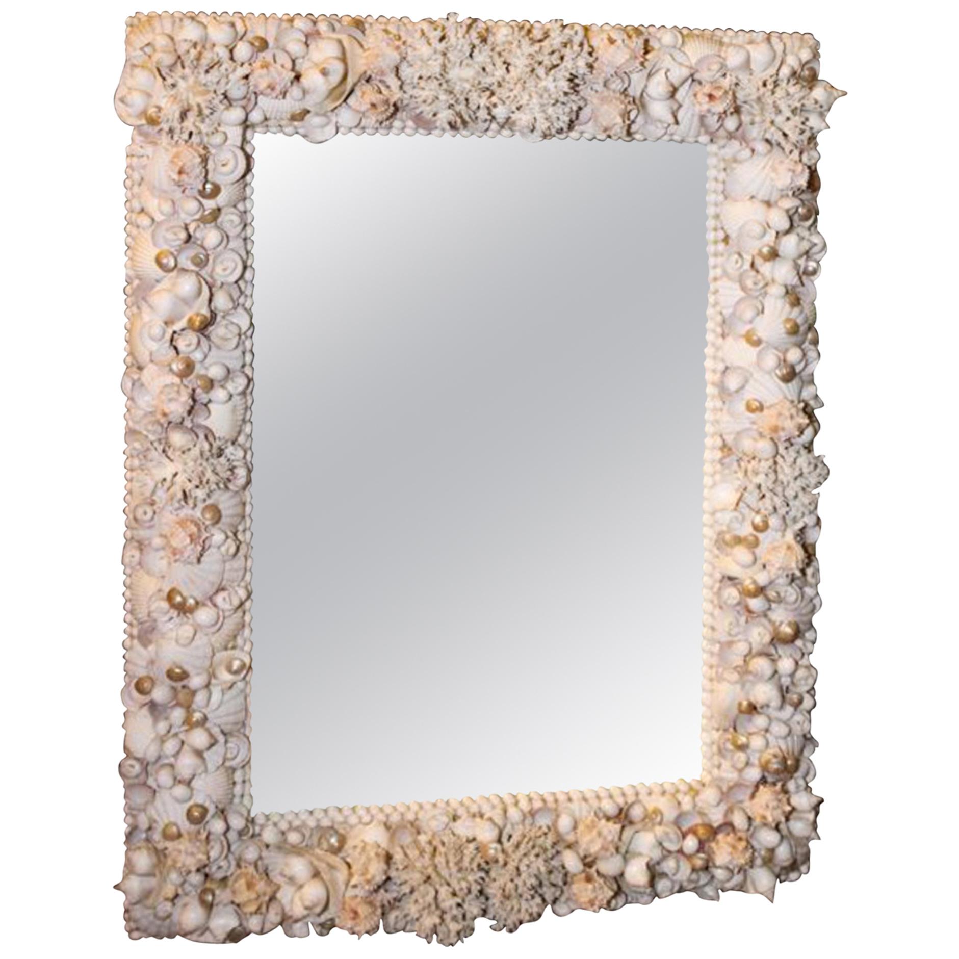 Grotto Style Shell Decorated Mirror 40" x 30" Great Composition, Detail & Depth