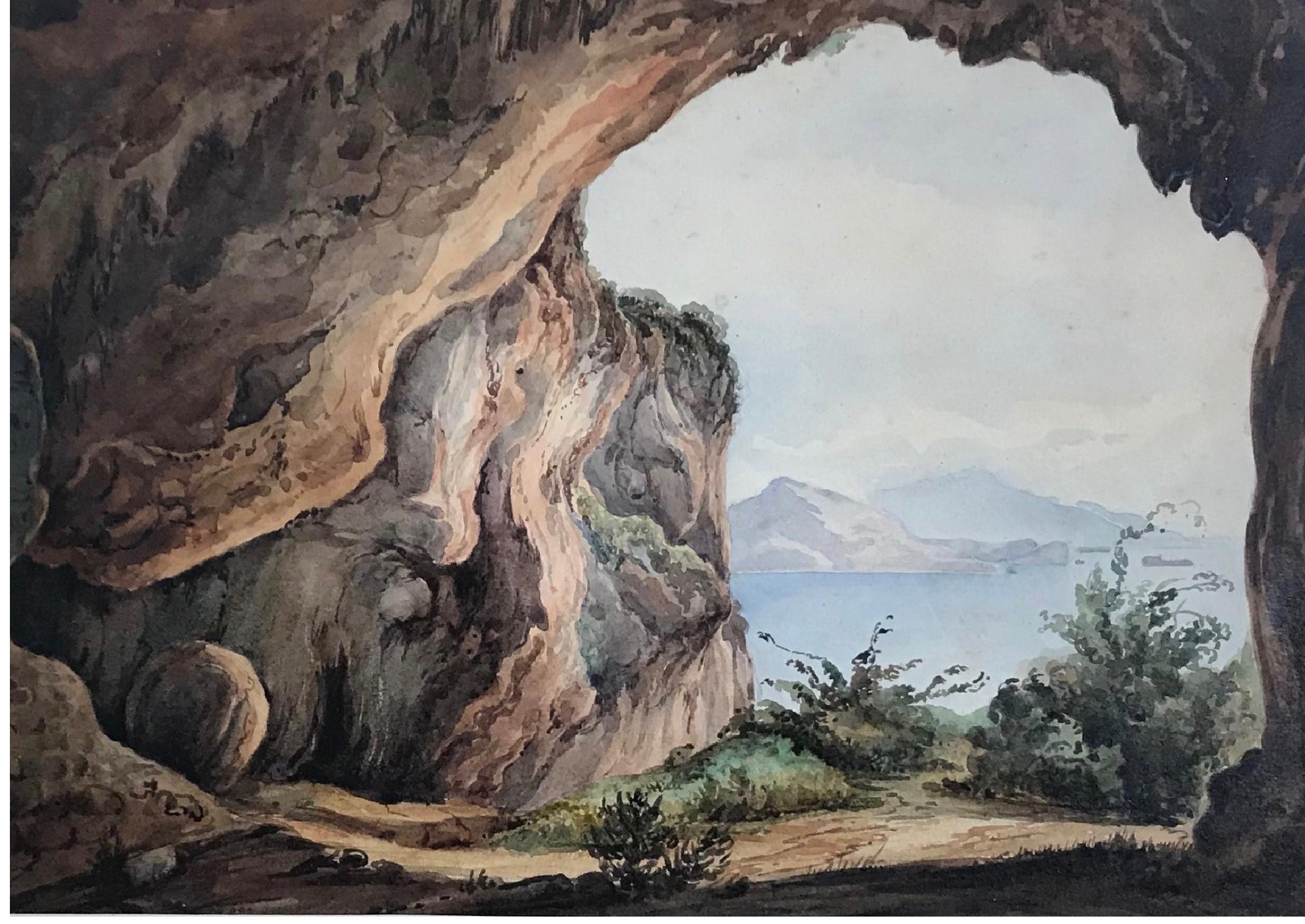 Grotto view of Capri. Gold-framed French watercolor views of Capri entitled, 