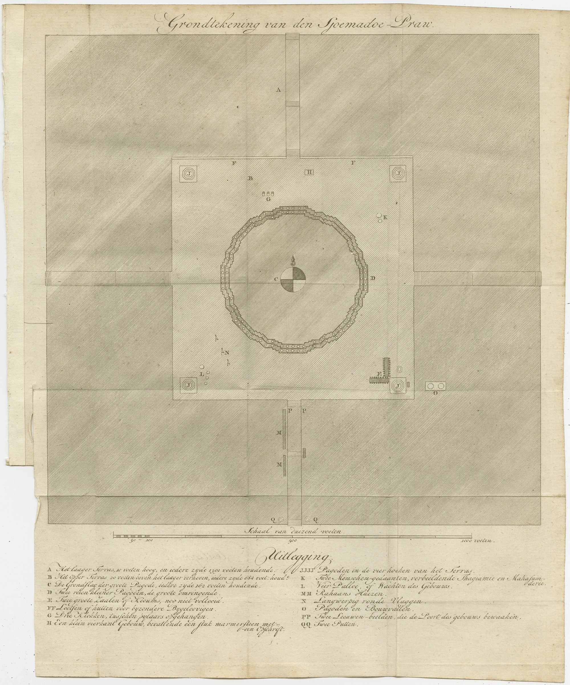 Plano arquitectónico de la pagoda Shwemawdaw - Plano del Gran Templo de Pegu, hacia 1800

Este grabado holandés, raro y finamente ejecutado, titulado 