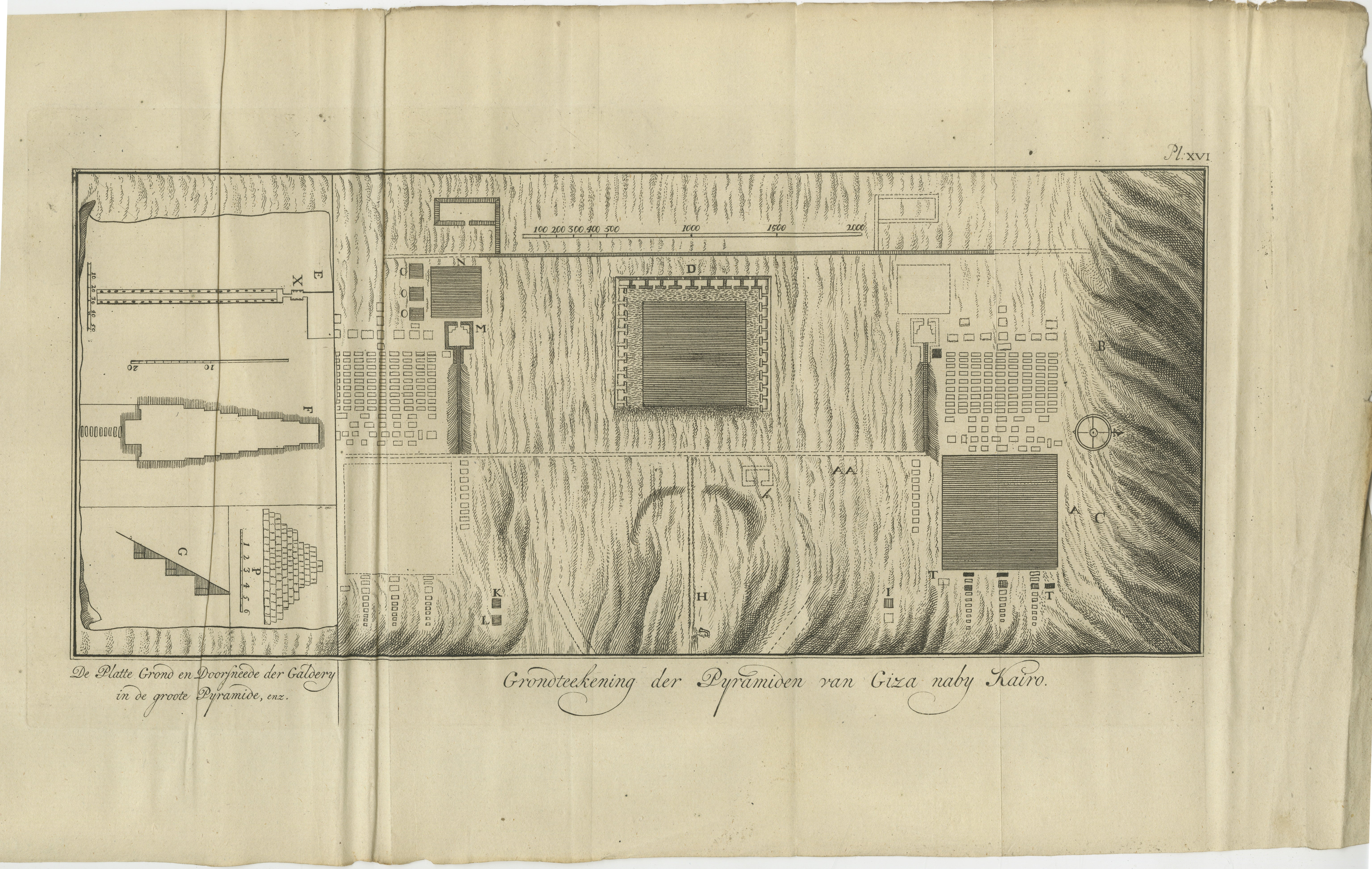 Pianta delle Piramidi di Giza vicino al Cairo - Antico Egitto, 1710 ca.

Descrizione:
Questa straordinaria incisione dell'inizio del XVIII secolo raffigura la *Grondteekening der Pyramiden van Giza, naby Kairo* - una pianta architettonica del famoso