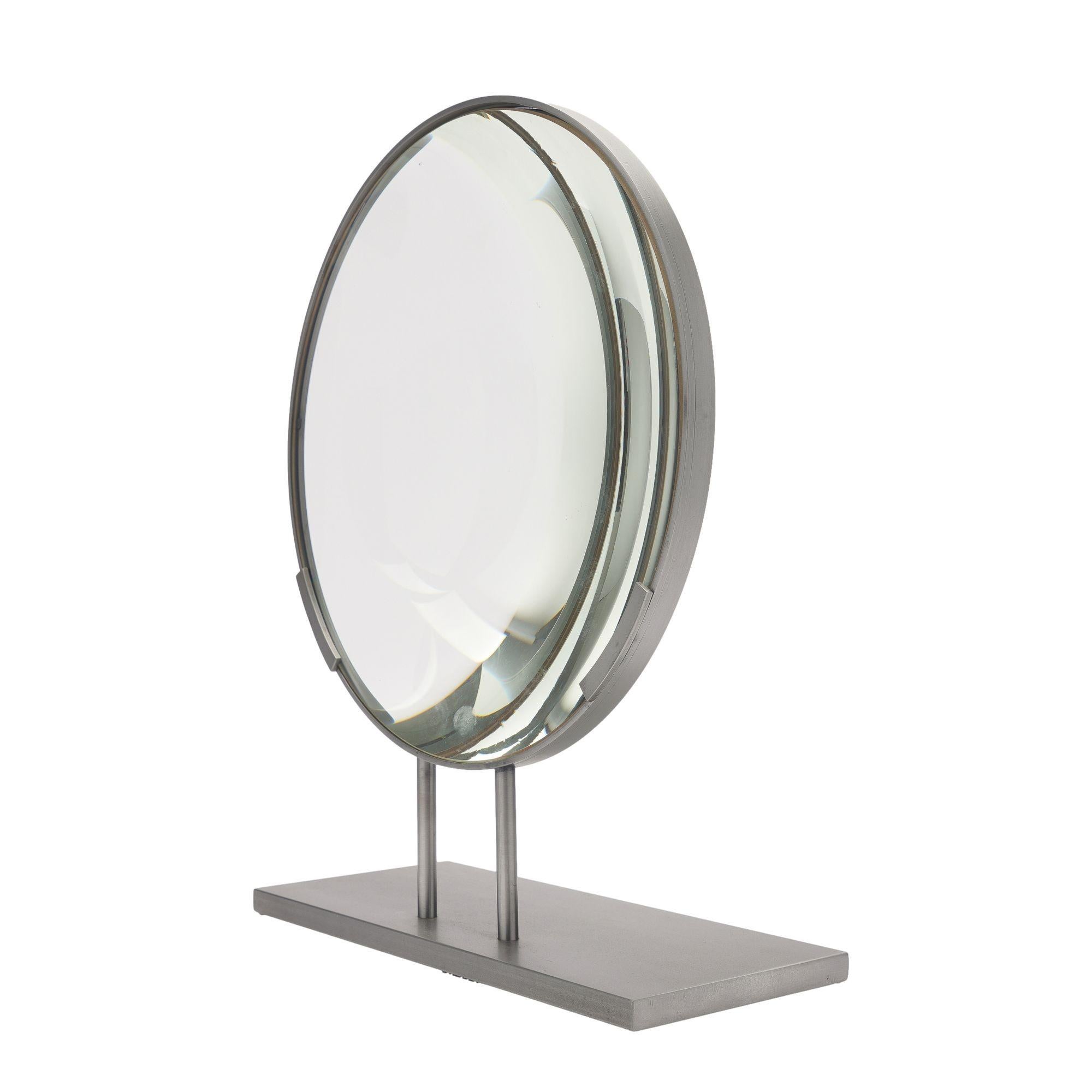 Steel Ground & Polished Convex Glass Lens Mounted On A Custom Stand For Sale