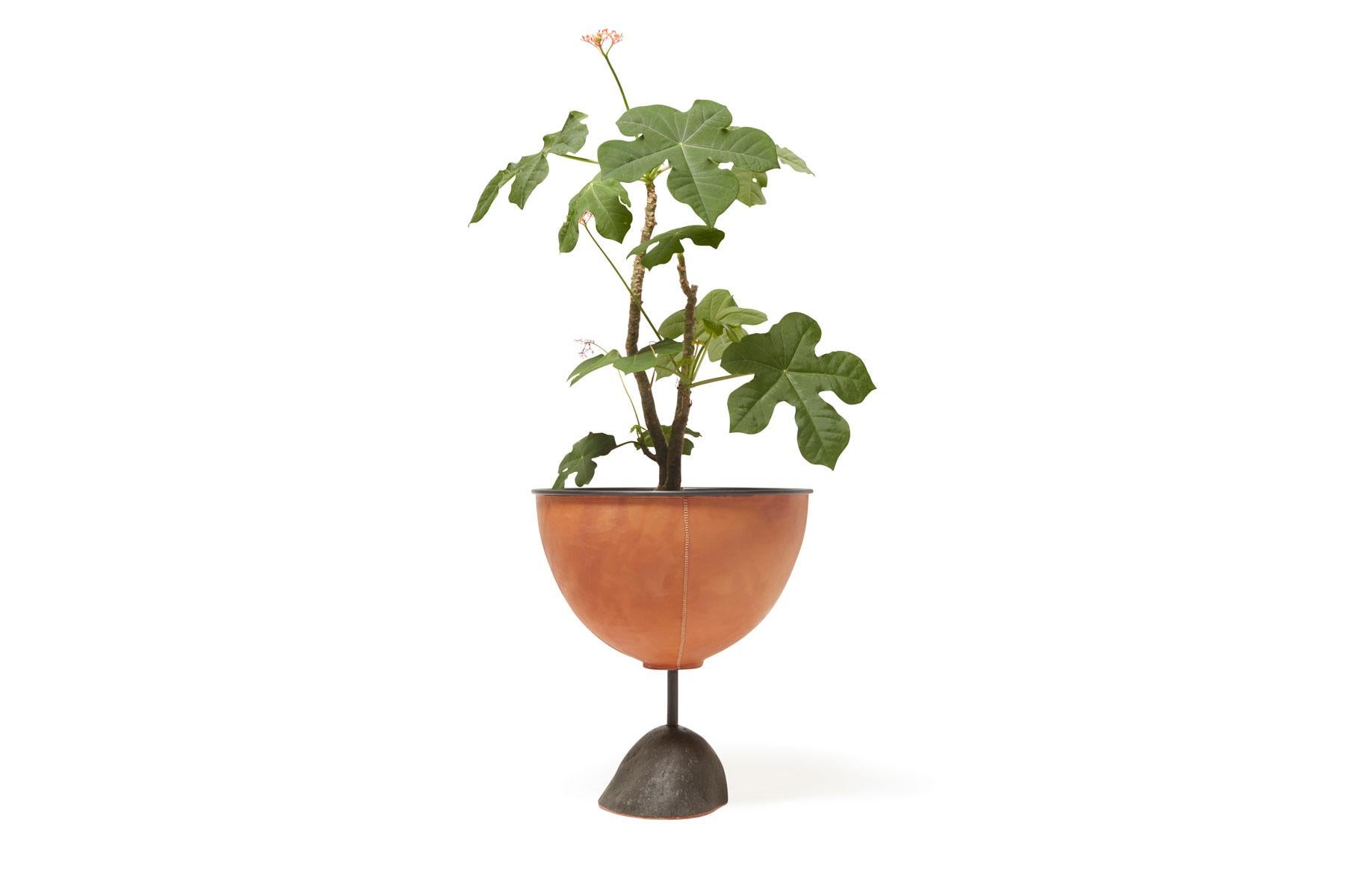 Powder-Coated Grounded Collection Leather-Wrapped Planter For Sale