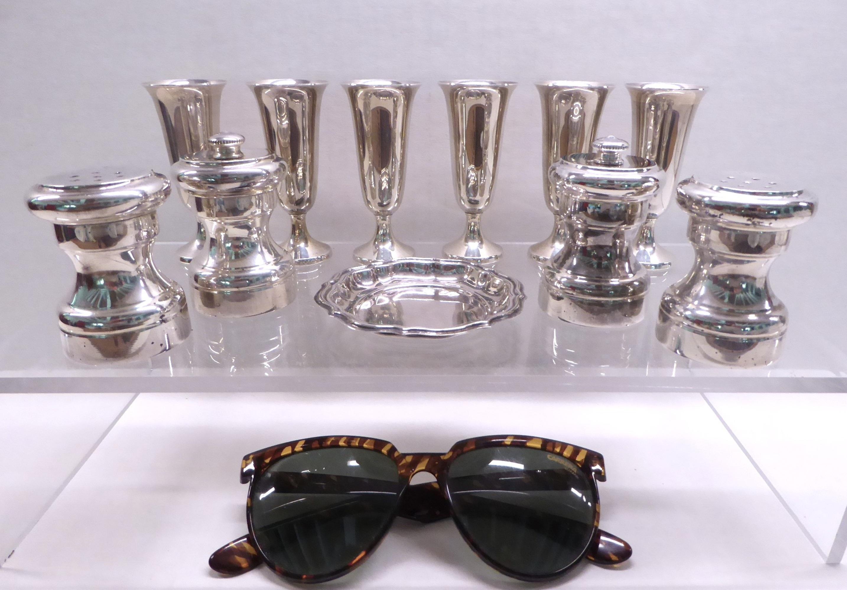 Grouping of 11 pieces of Sterling Silver for table setting use. Included are 6 fine American WEB Silver Co., Petite Vodka Cups for caviar service or cordials, 2 sets of Italian made individual Salt / Pepper mills and 1 Petit Dish  Hallmarked in