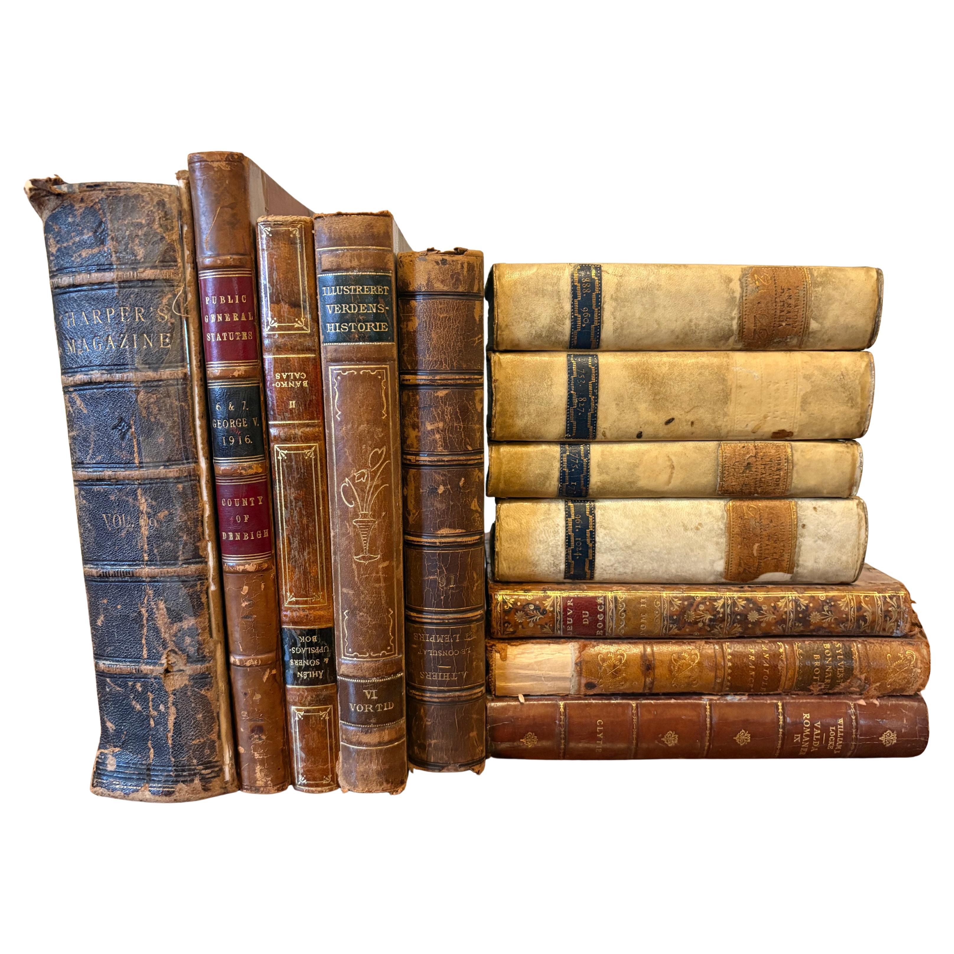Group of 12 Assorted Leather or Marbled Bound Books, 19th Century For Sale
