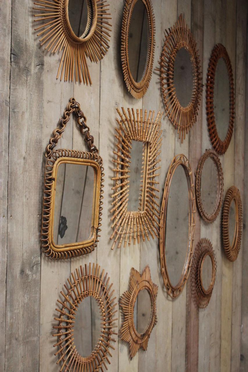 European Group of 12 Continental Cane Mirrors, 1950s-1960s