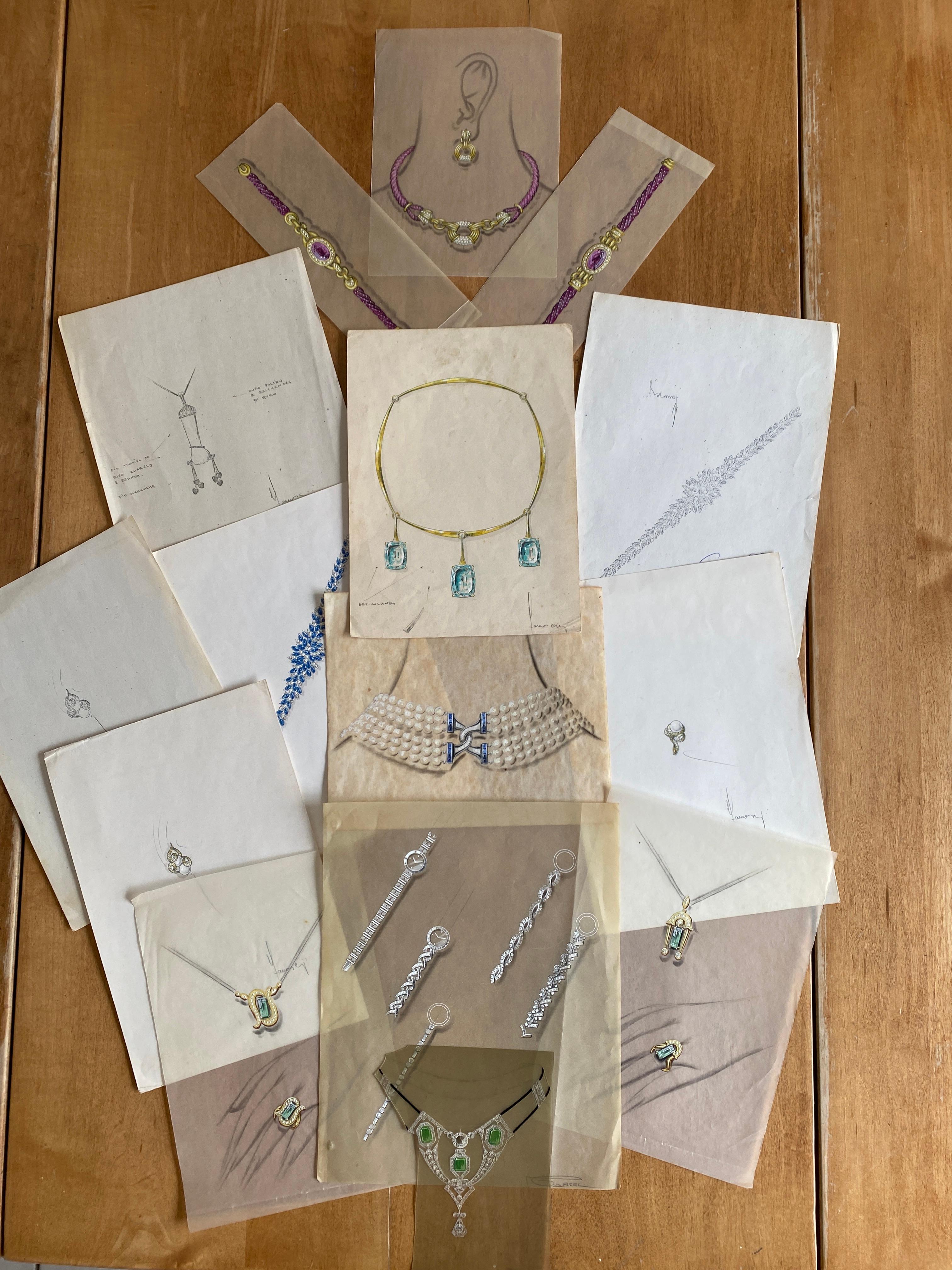 A collection of 15 beautiful jewelry designs, depicting necklaces, pendants, bracelets, watches and rings, mostly gouache on beige tracing paper, of varying medium and condition, some with pencil markings and notations, some on off white paper,