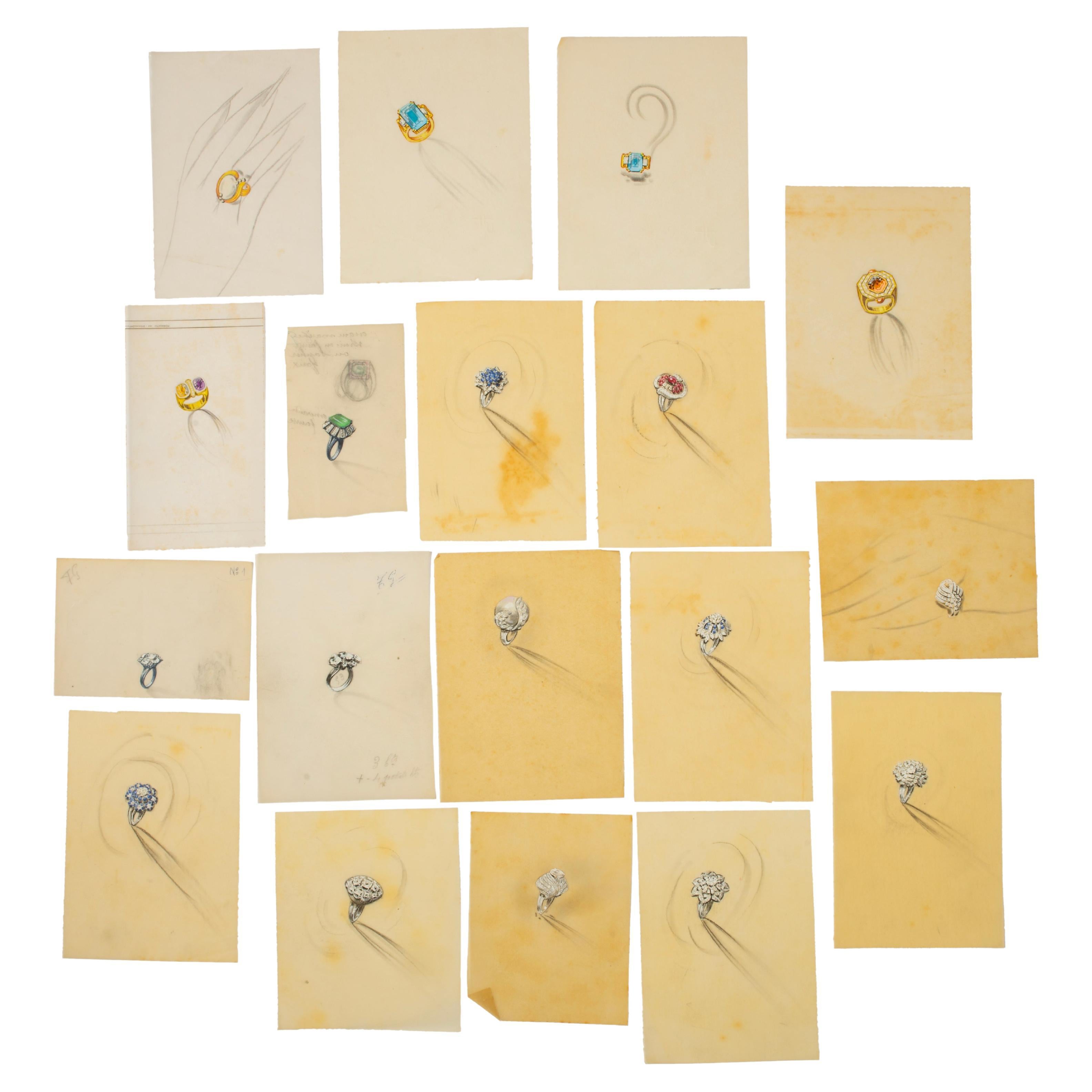 Group of 18 Original Vintage Gouache Ring Designs, Paris, 1970s or 80s