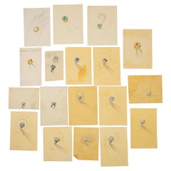 Group of 18 Original Retro Gouache Ring Designs, Paris, 1970s or 80s