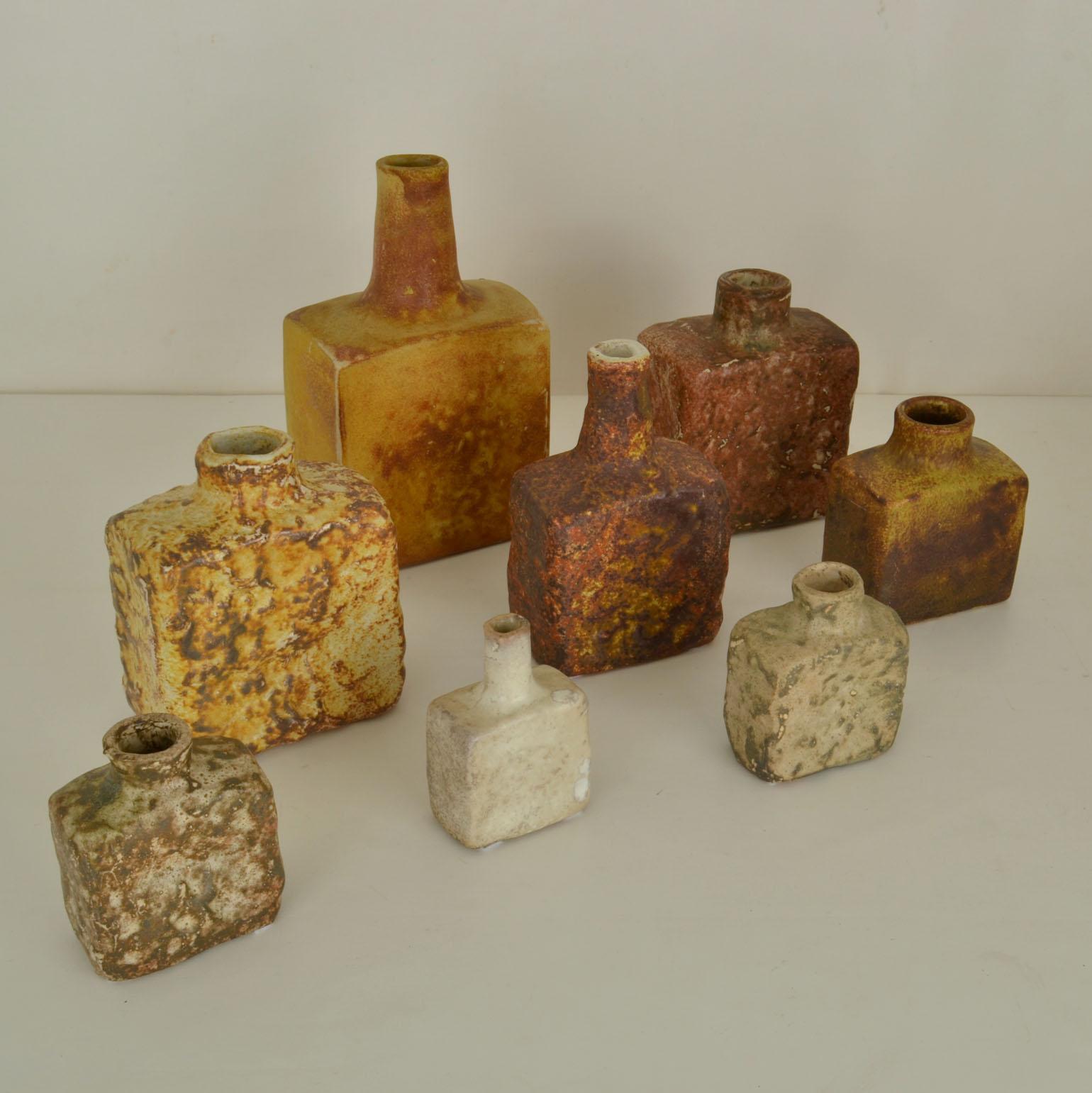 Mid-Century Modern Group of 1960's Square Studio Ceramic Vases in Ocher and Earth Tones For Sale