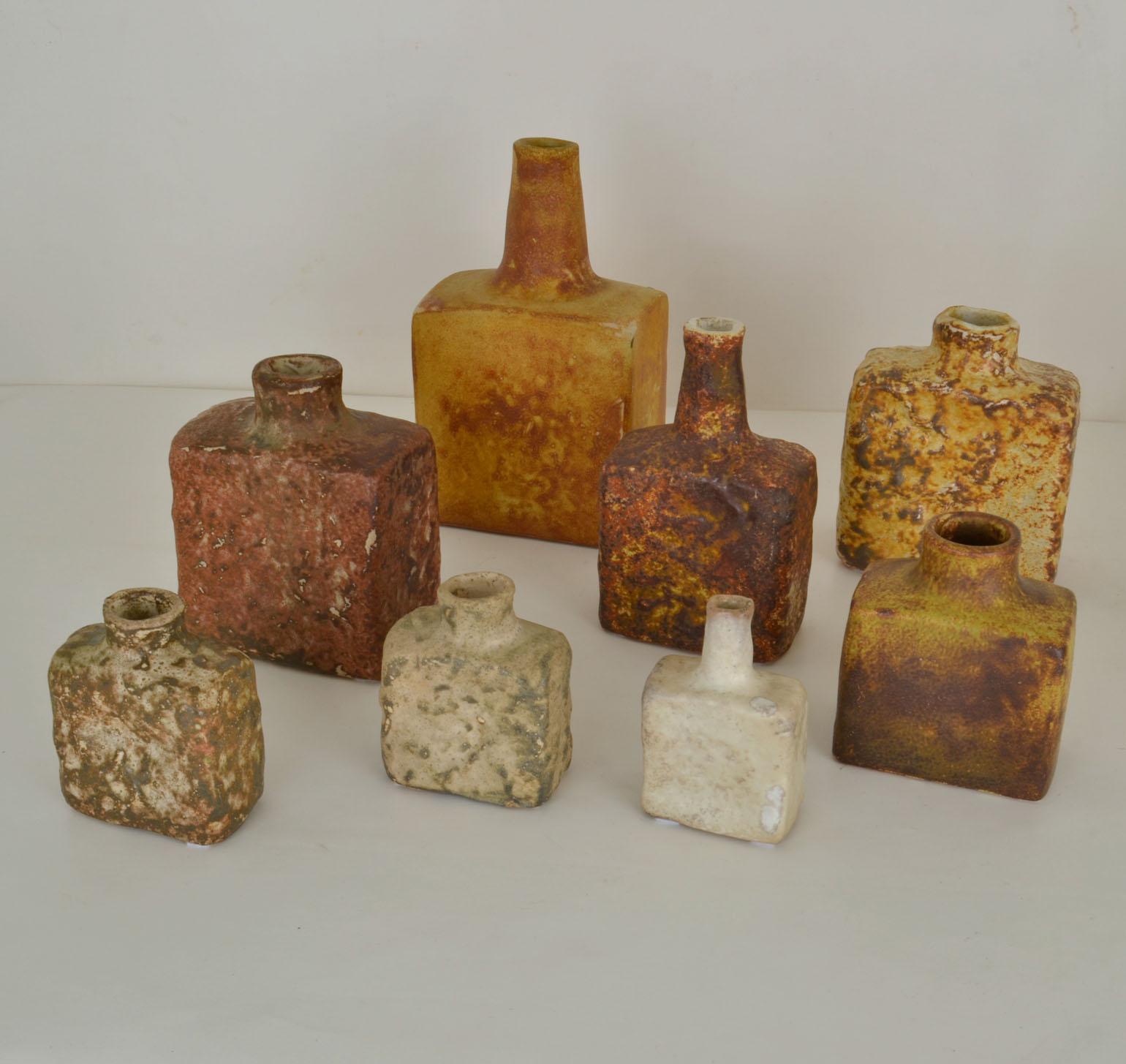 Glazed Group of 1960's Square Studio Ceramic Vases in Ocher and Earth Tones For Sale