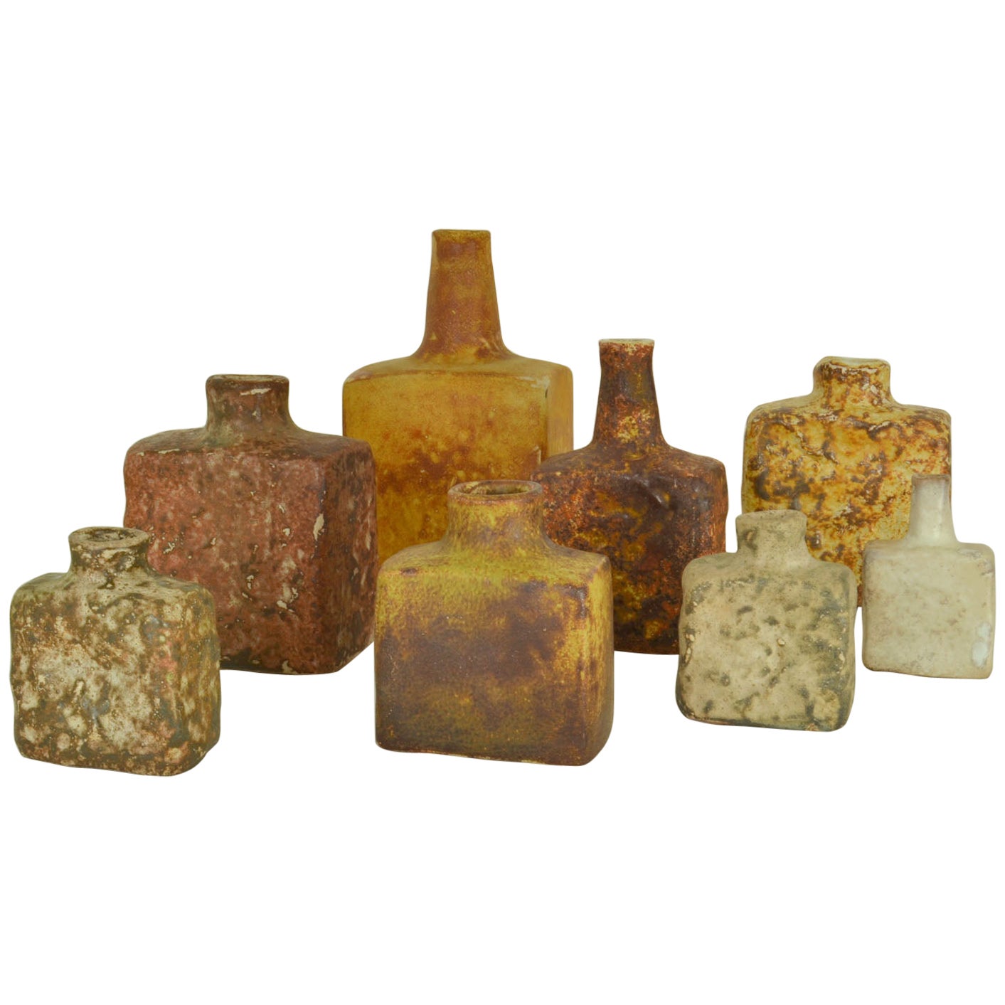 Group of 1960's Square Studio Ceramic Vases in Ocher and Earth Tones