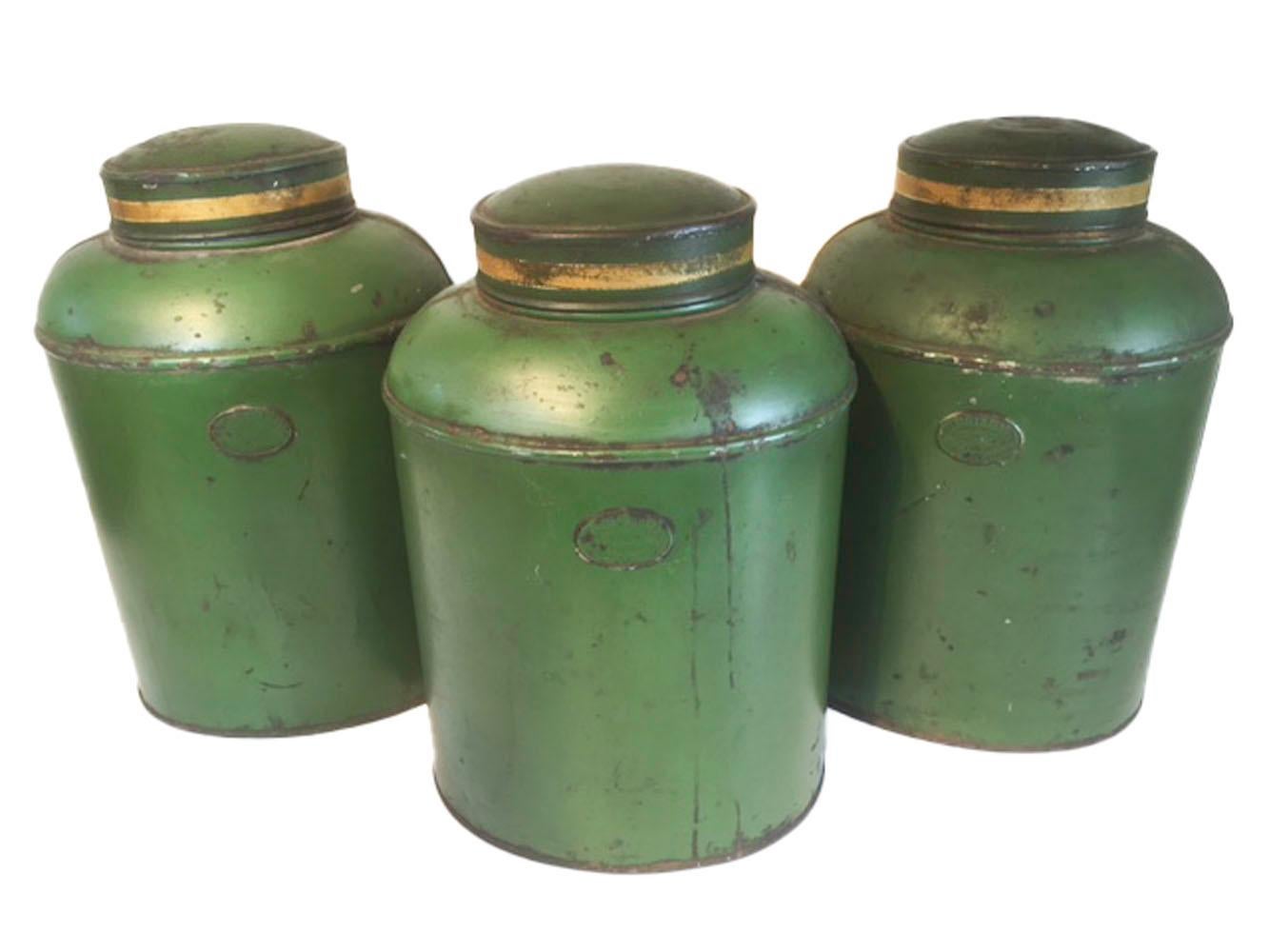 Painted Group of 19th Century English Green Tole Tea Tins by Parnall & Sons LTD, Bristol For Sale