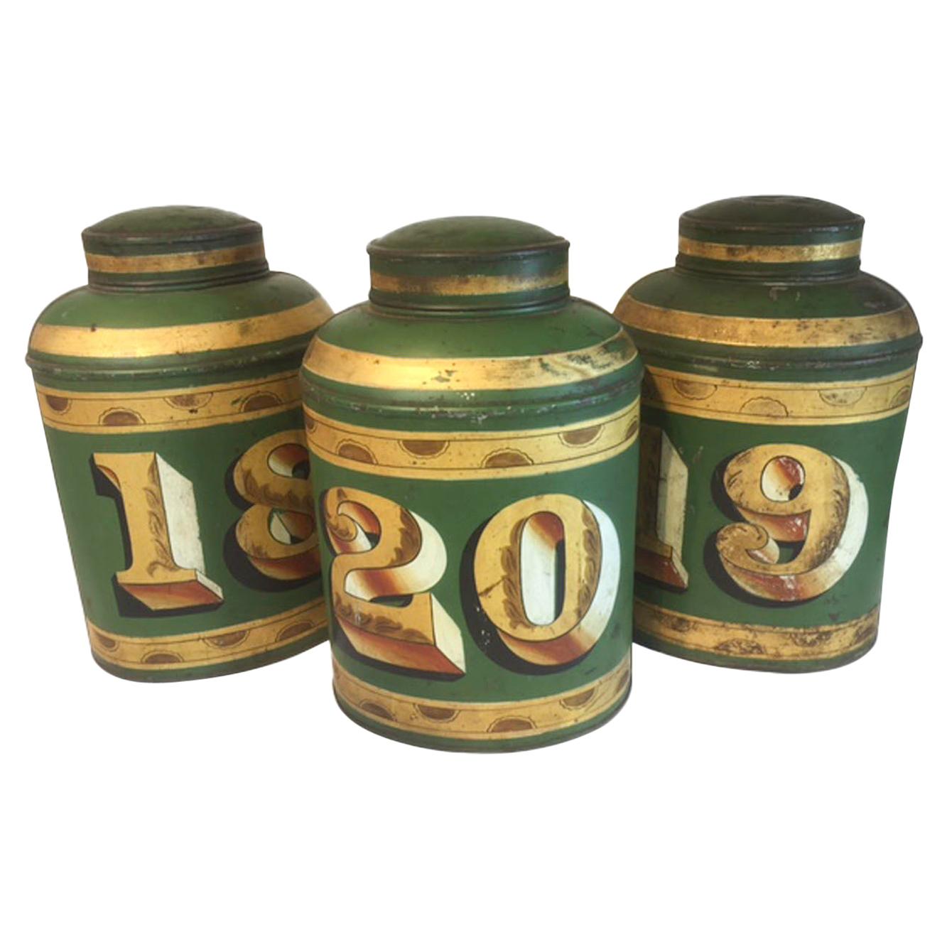 Group of 19th Century English Green Tole Tea Tins by Parnall & Sons LTD, Bristol
