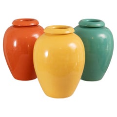 Group of 3 Bauer Oil Jars, Green, Yellow, Orange, ca. 1930's Made in California