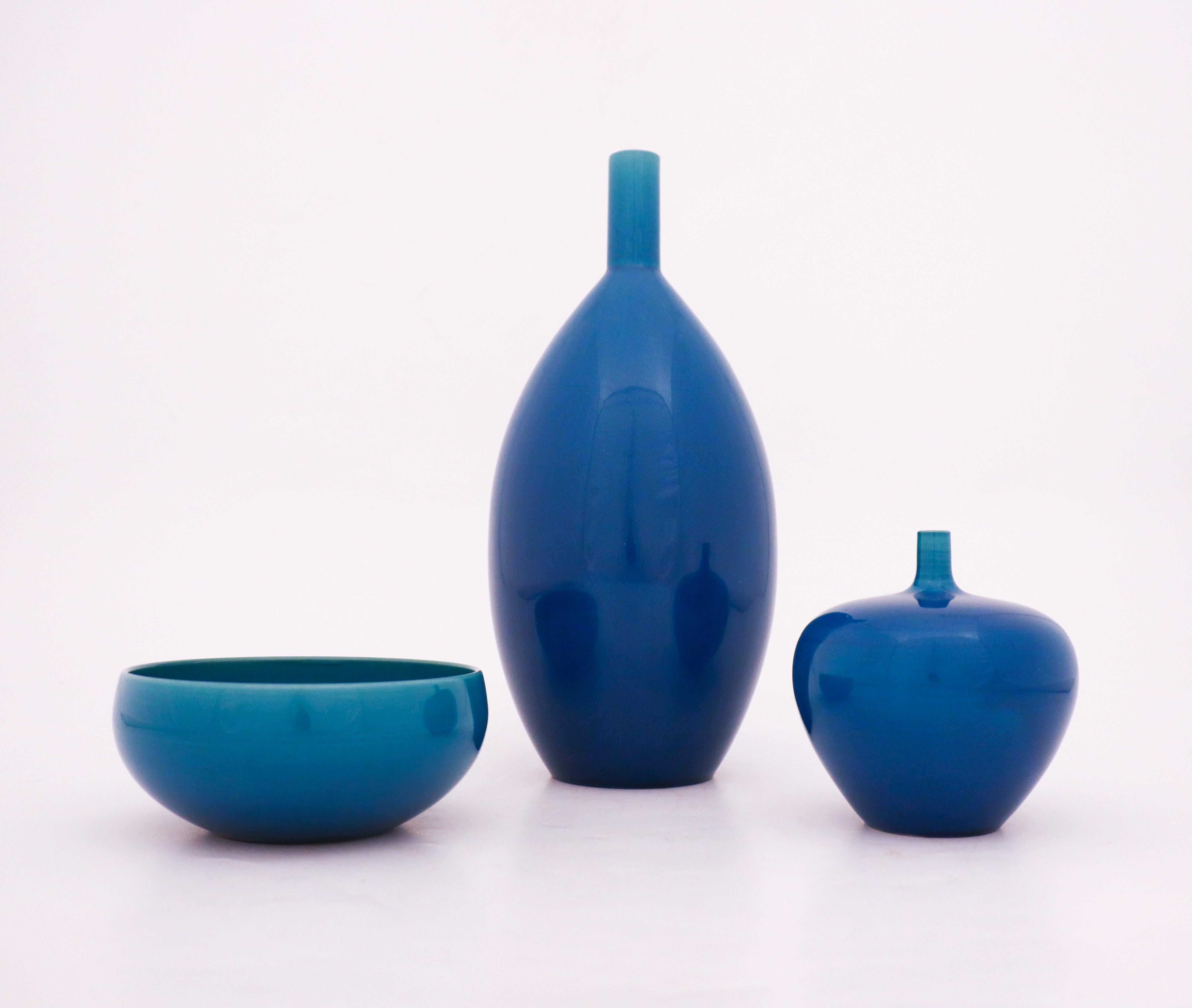 Scandinavian Modern Group of 3 Blue Ceramic Vases & Bowls, Carl-Harry Stålhane, Rörstrand, 1960s