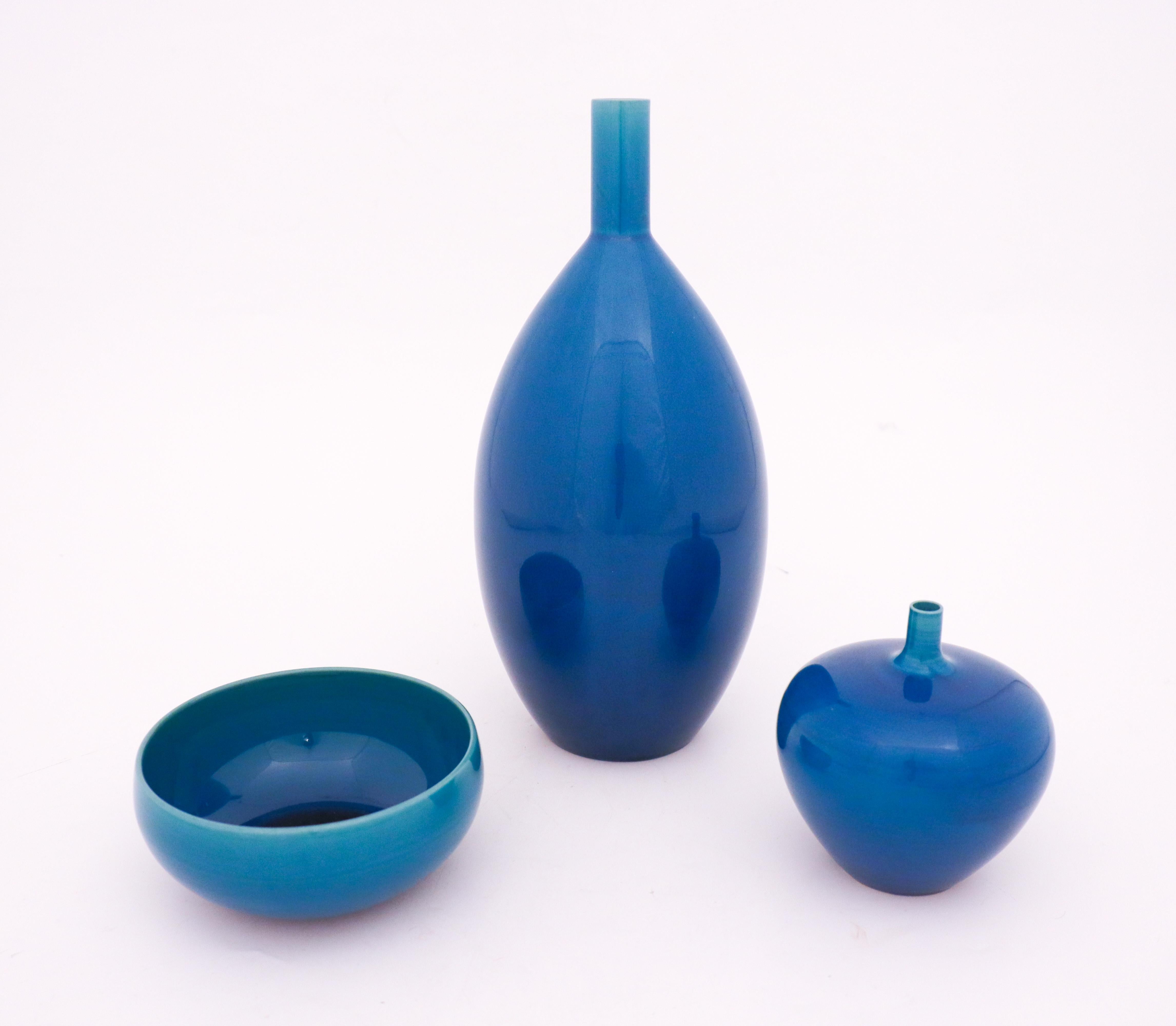 Swedish Group of 3 Blue Ceramic Vases & Bowls, Carl-Harry Stålhane, Rörstrand, 1960s