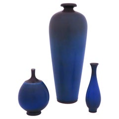 Group of 3 Blue Stoneware Vases, Berndt Friberg, Gustavsberg