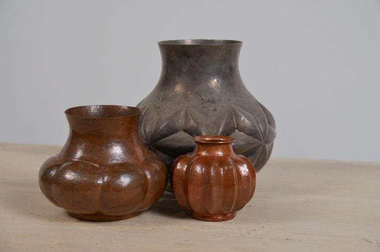Group of 3 Hammered and Silvered Copper Mexican Vases For Sale at 1stDibs