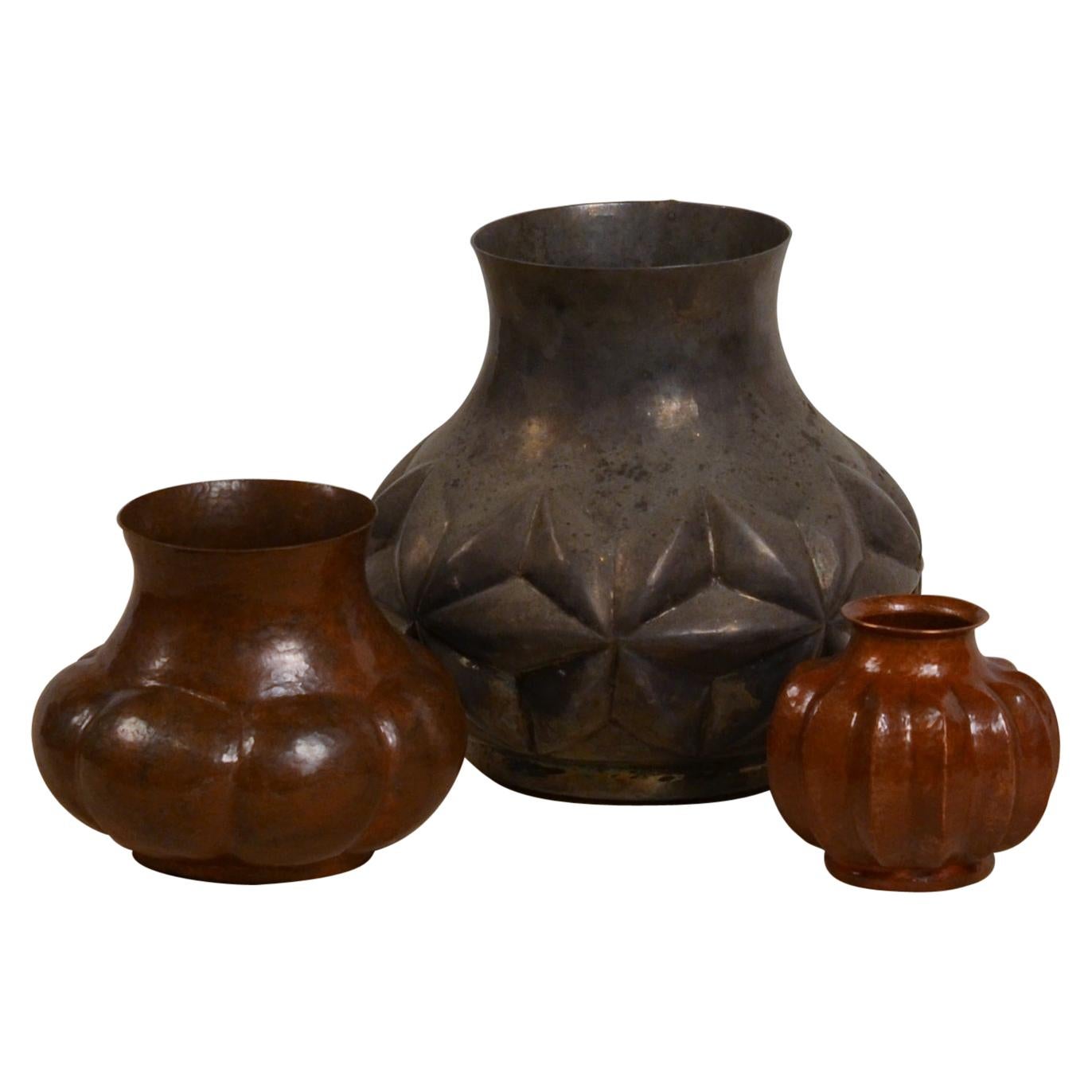Group of 3 Hammered and Silvered Copper Mexican Vases For Sale at 1stDibs