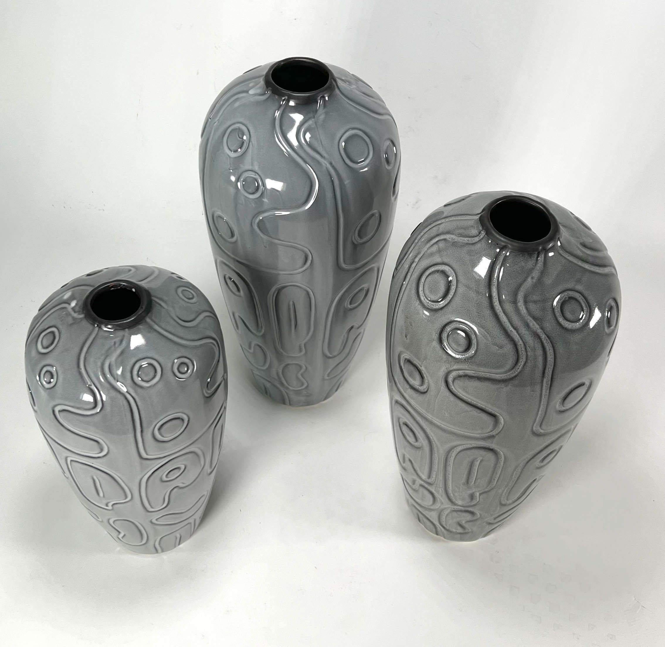 Mid-Century Modern Group of 3 Italian Modern Studio Gray Glazed and Incised Ceramic Vases	 For Sale