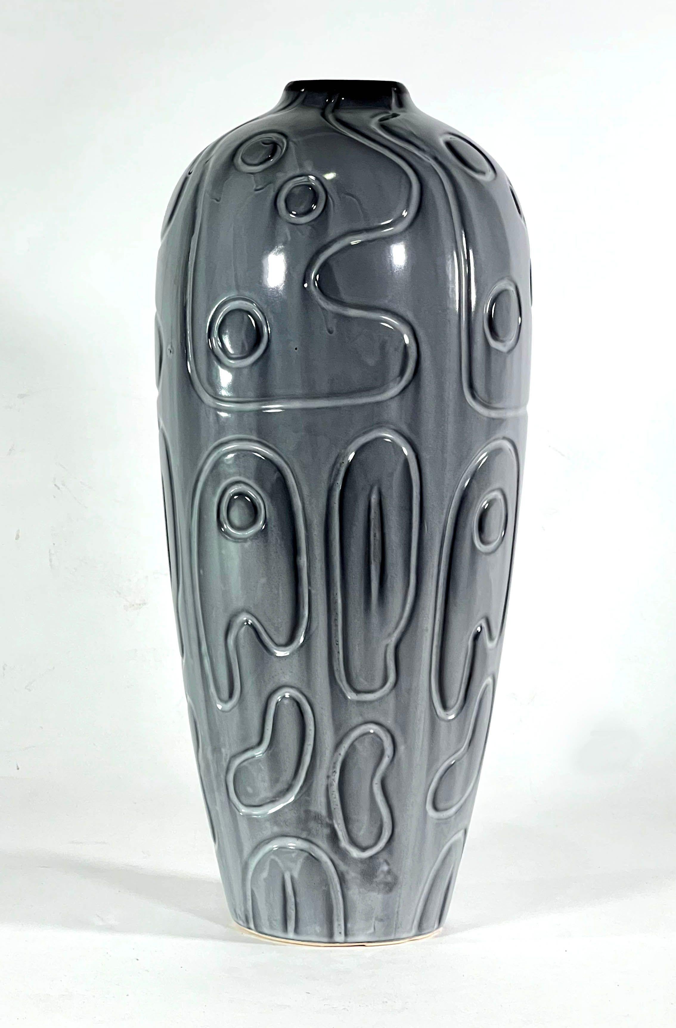 Mid-20th Century Group of 3 Italian Modern Studio Gray Glazed and Incised Ceramic Vases	 For Sale