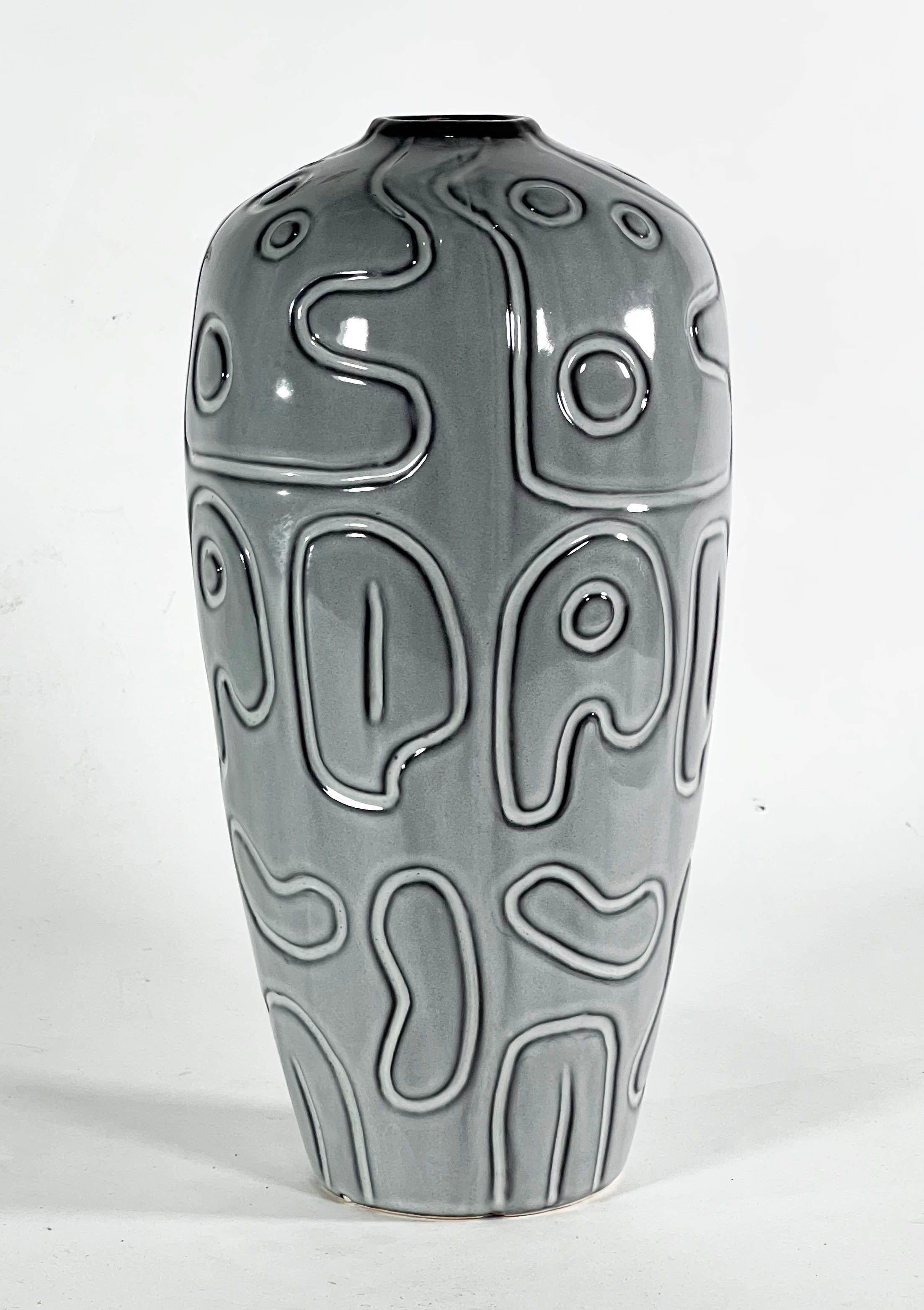 Group of 3 Italian Modern Studio Gray Glazed and Incised Ceramic Vases	 For Sale 2