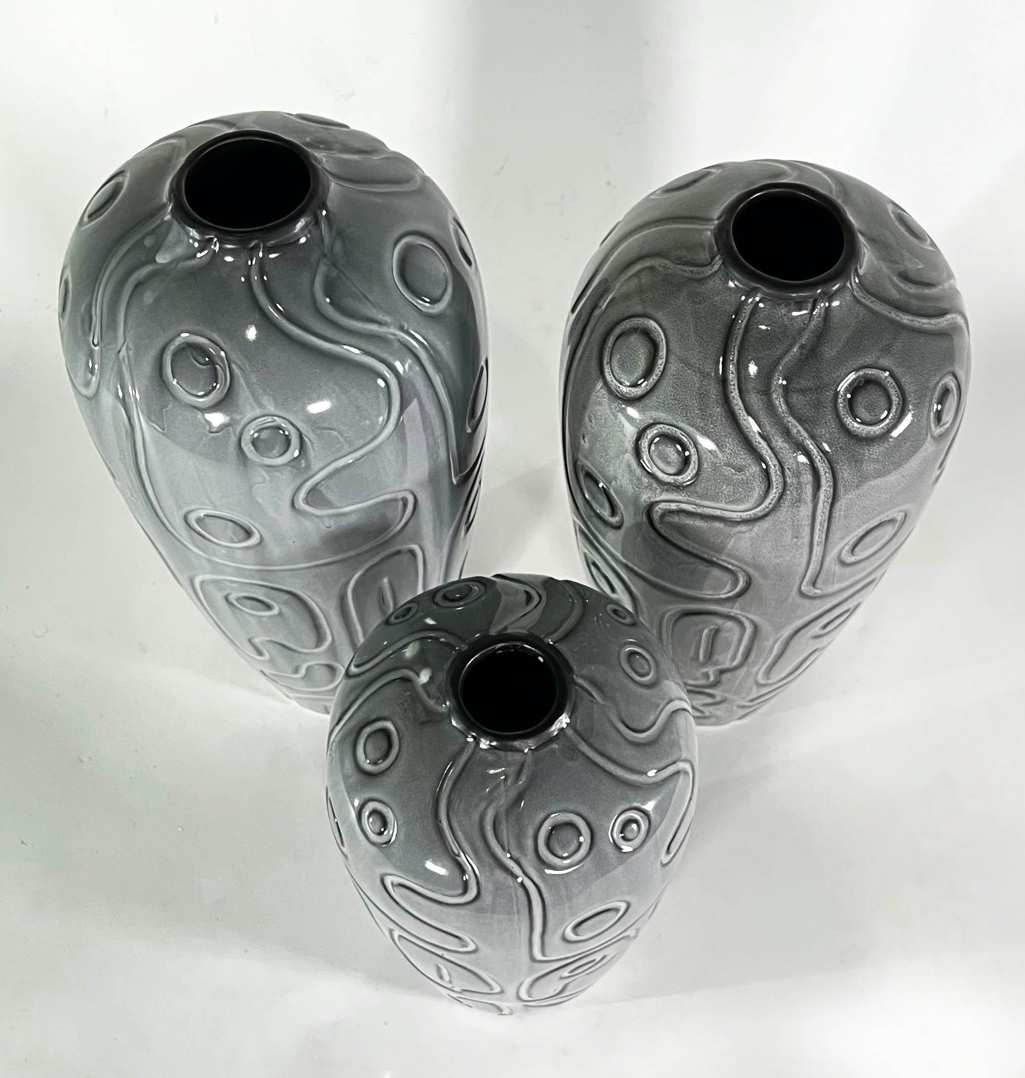 Group of 3 Italian Modern Studio Gray Glazed and Incised Ceramic Vases	 For Sale 3