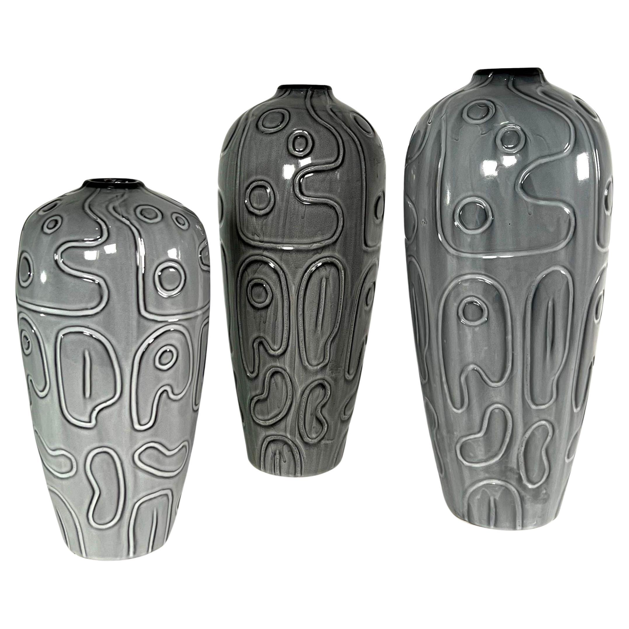 Group of 3 Italian Modern Studio Gray Glazed and Incised Ceramic Vases	