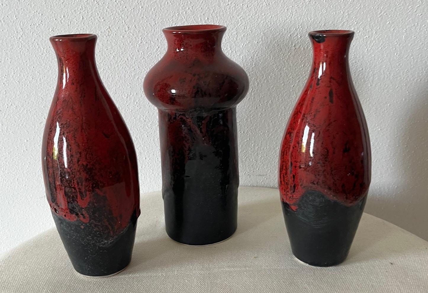 Mid-20th Century Group of 3 Vases Black-Red color in glazed terracotta production Ca'd'Oro Venice For Sale