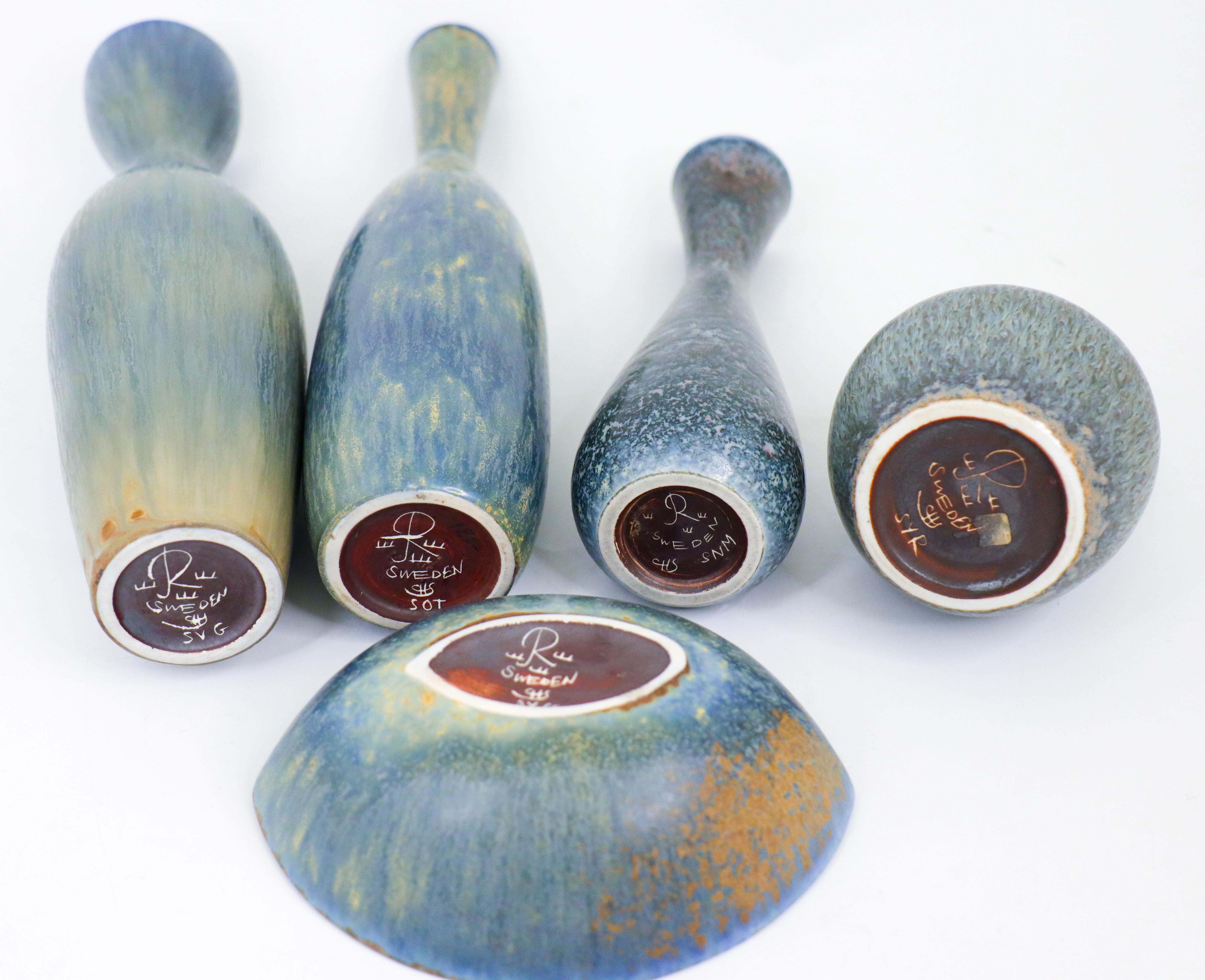 Porcelain Group of 4 Blue Vases & bowl Ceramics, Rörstrand - Carl-Harry Stålhane For Sale
