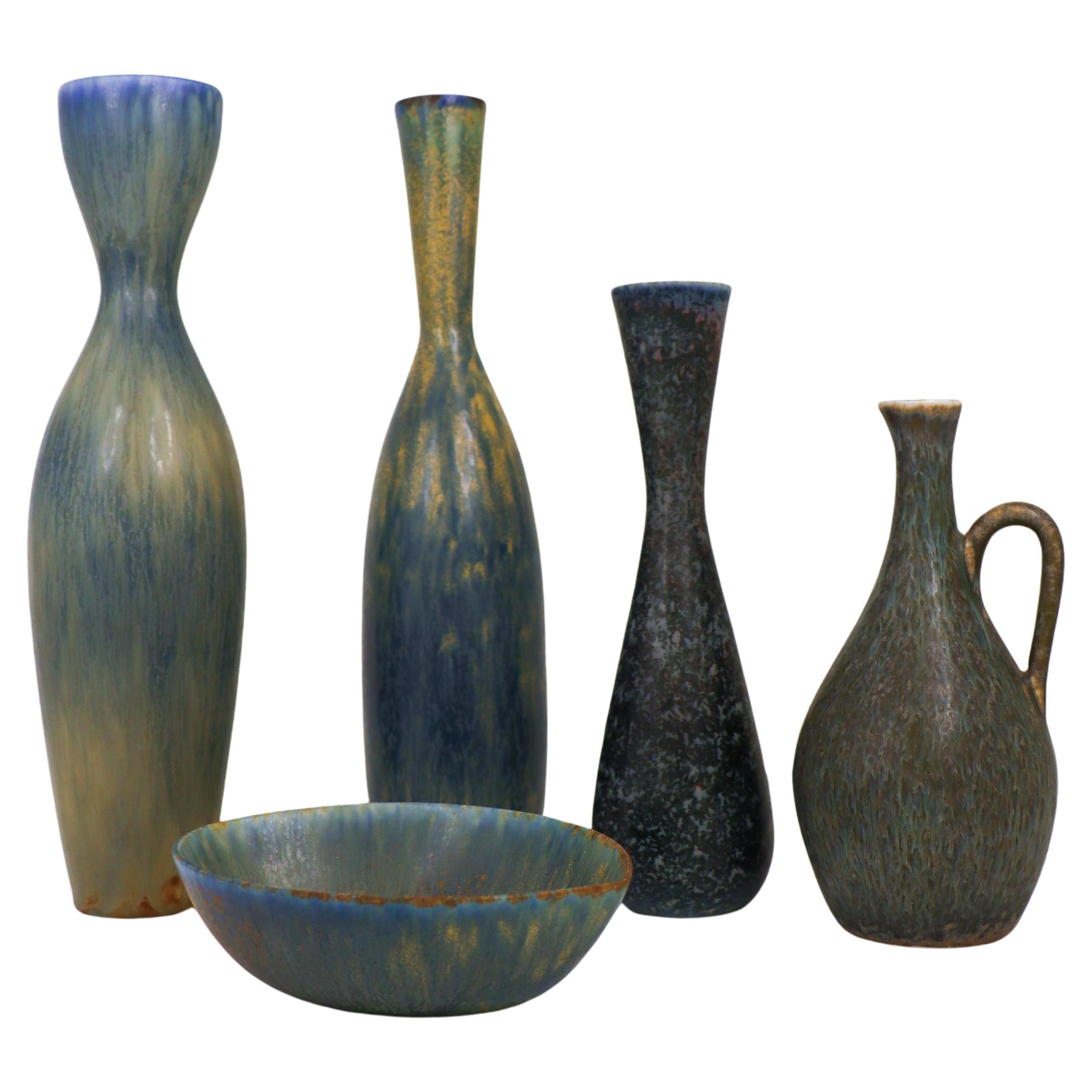Gruppe von 4 blauen Vasen & Schale Keramik, Rörstrand - Carl-Harry Stålhane im Angebot