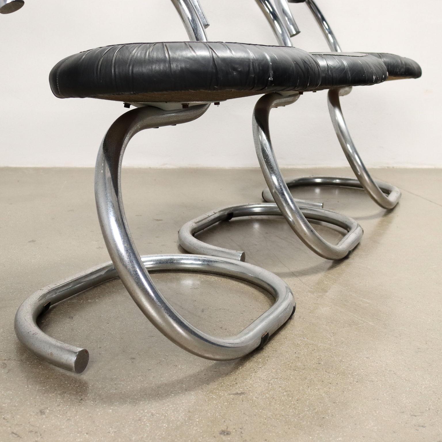 20th Century Group of 4 Chairs Cobra G. Stoppino Leather, Italy, 1960s-1970s