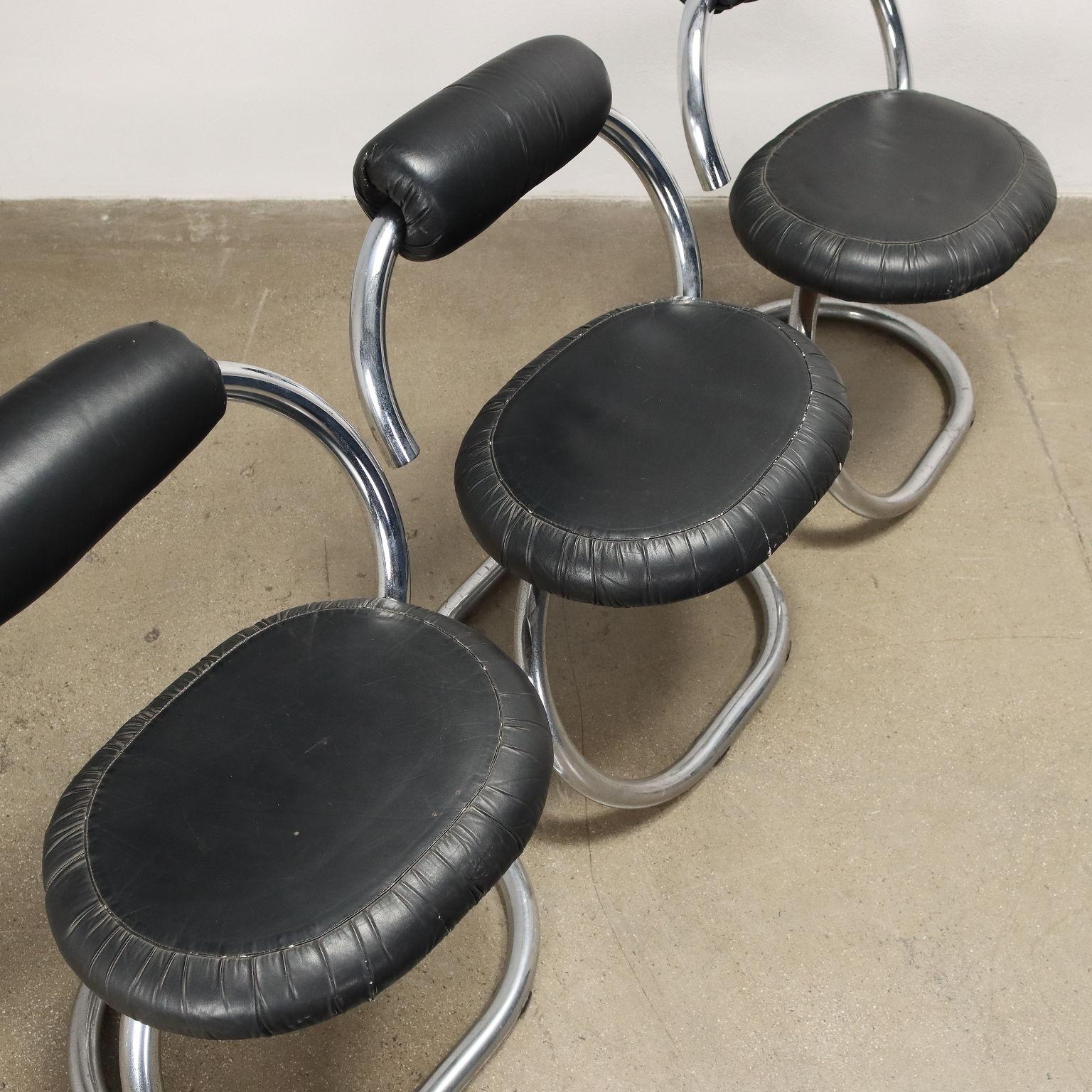 Metal Group of 4 Chairs Cobra G. Stoppino Leather, Italy, 1960s-1970s