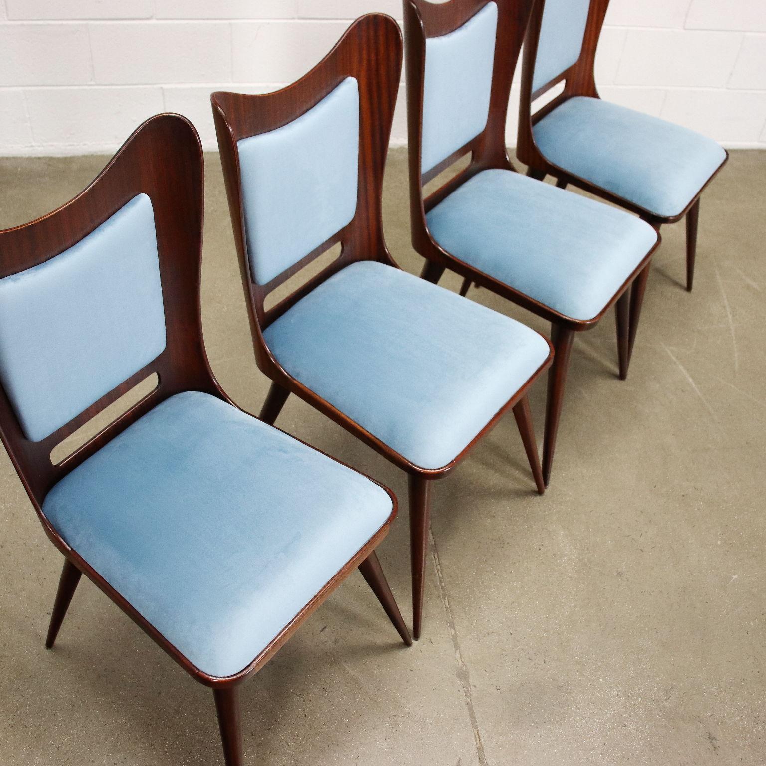 Group of 4 Chairs Mahogany Velvet Italy 1950s 4