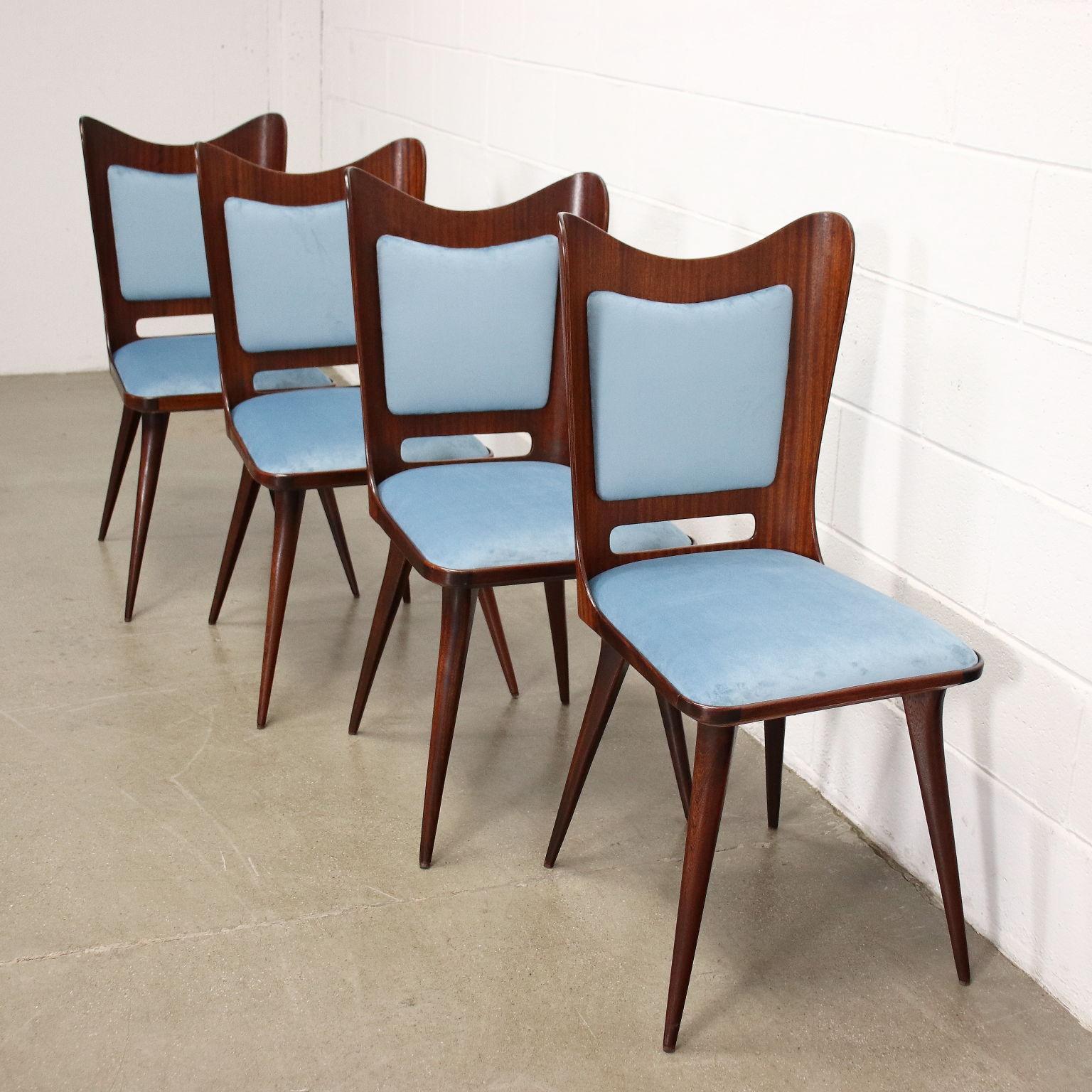 Mid-Century Modern Group of 4 Chairs Mahogany Velvet Italy 1950s