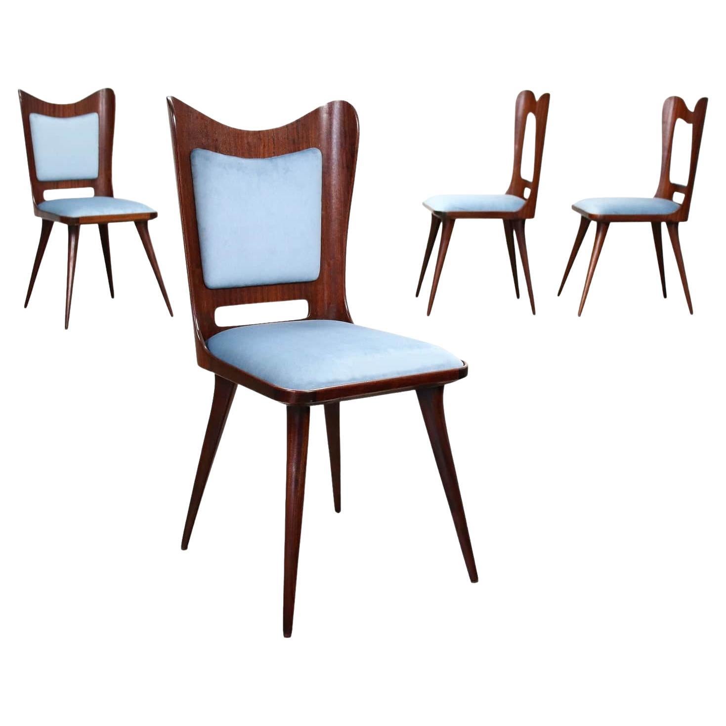 Group of 4 Chairs Mahogany Velvet Italy 1950s