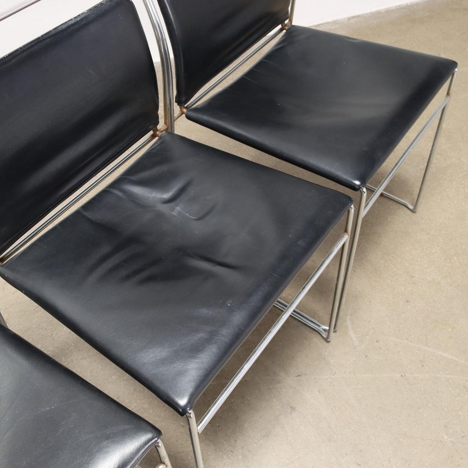 Metal Group of 4 Chairs Simon Gavina Tulu Leather, Italy, 1960s-1970s For Sale