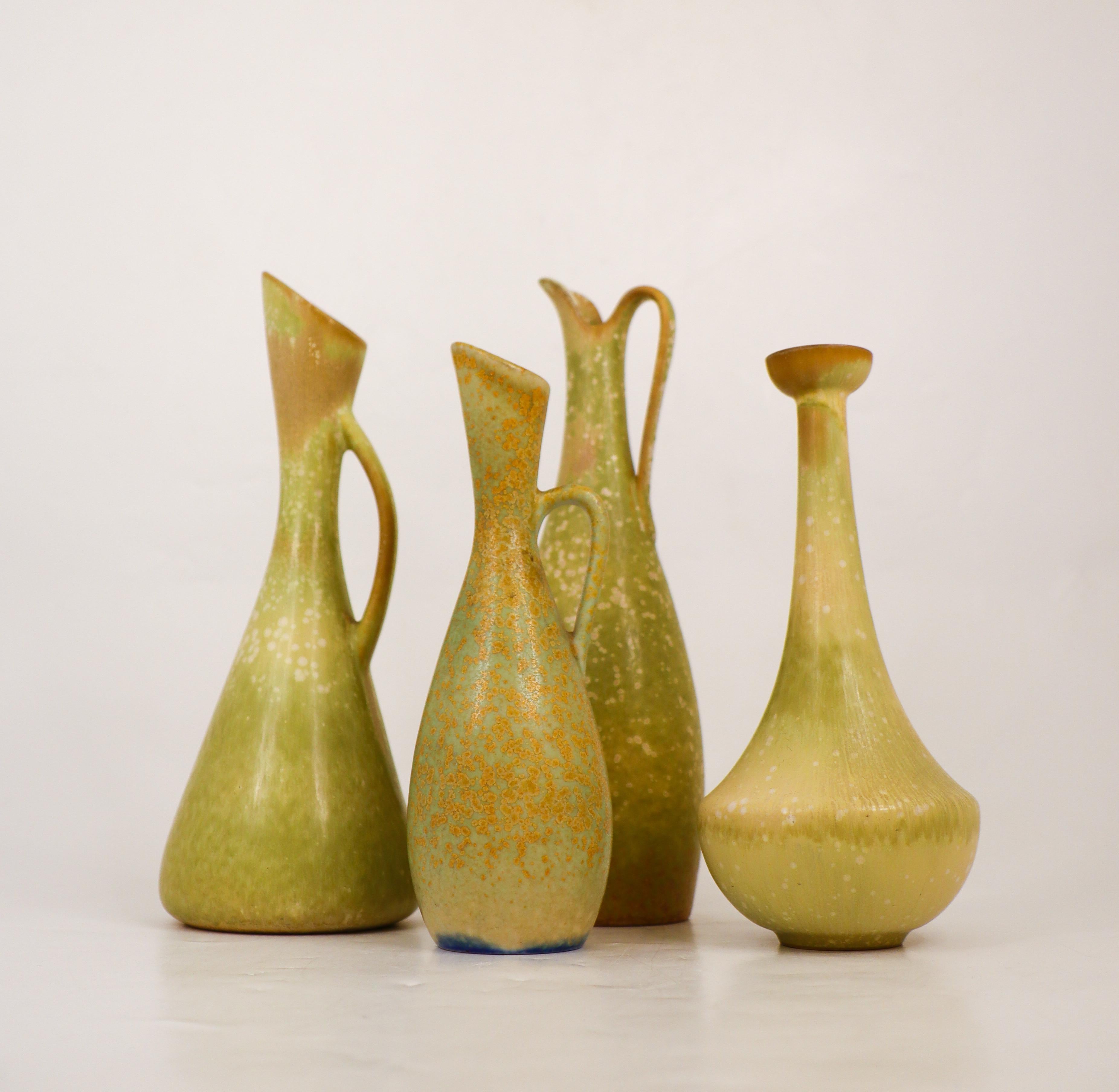 Swedish Group of 4 Green Speckled Vases Ceramics, Rörstrand - Gunnar Nylund For Sale