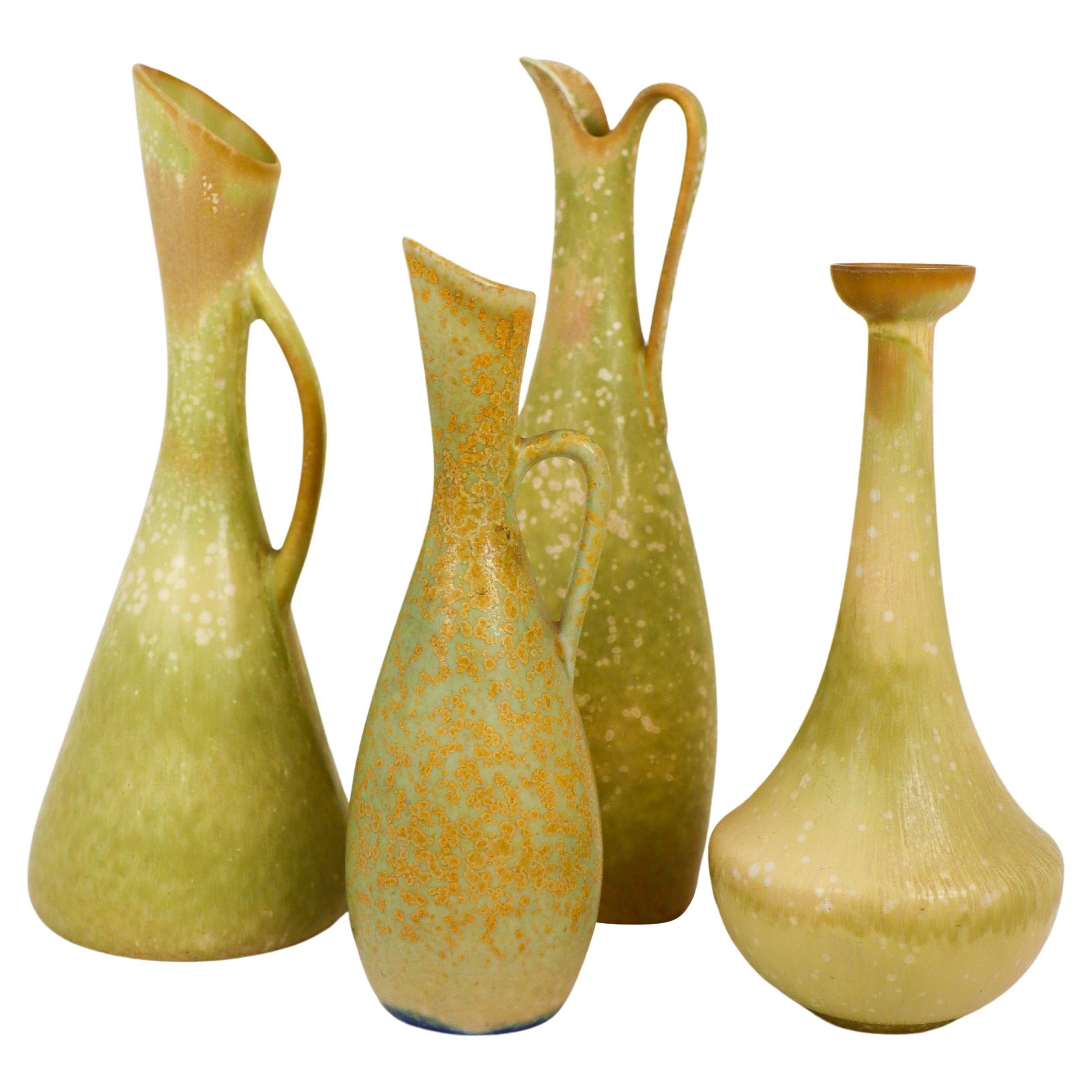Group of 4 Green Speckled Vases Ceramics, Rörstrand - Gunnar Nylund For Sale
