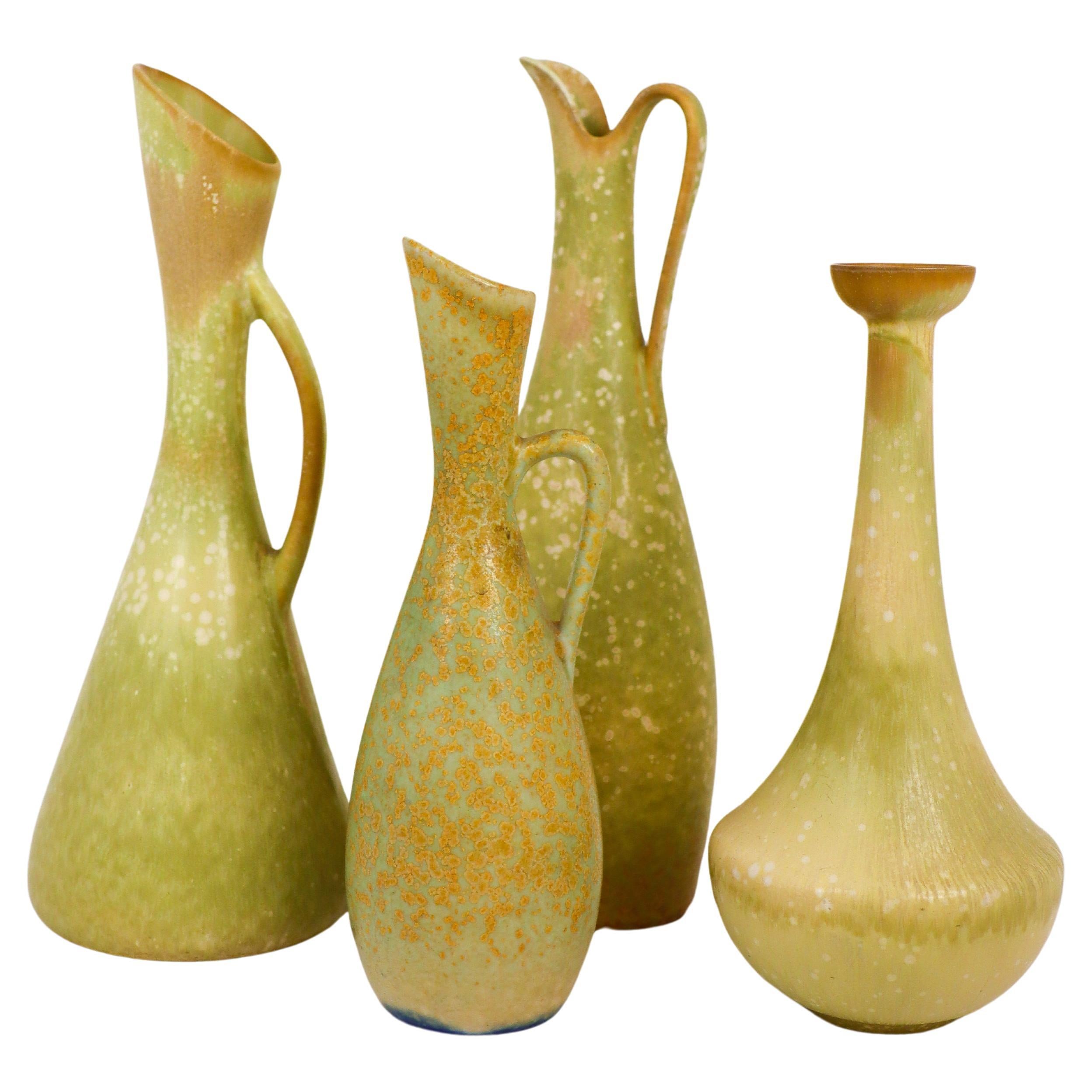 Group of 4 Green Speckled Vases Ceramics, Rörstrand - Gunnar Nylund For Sale