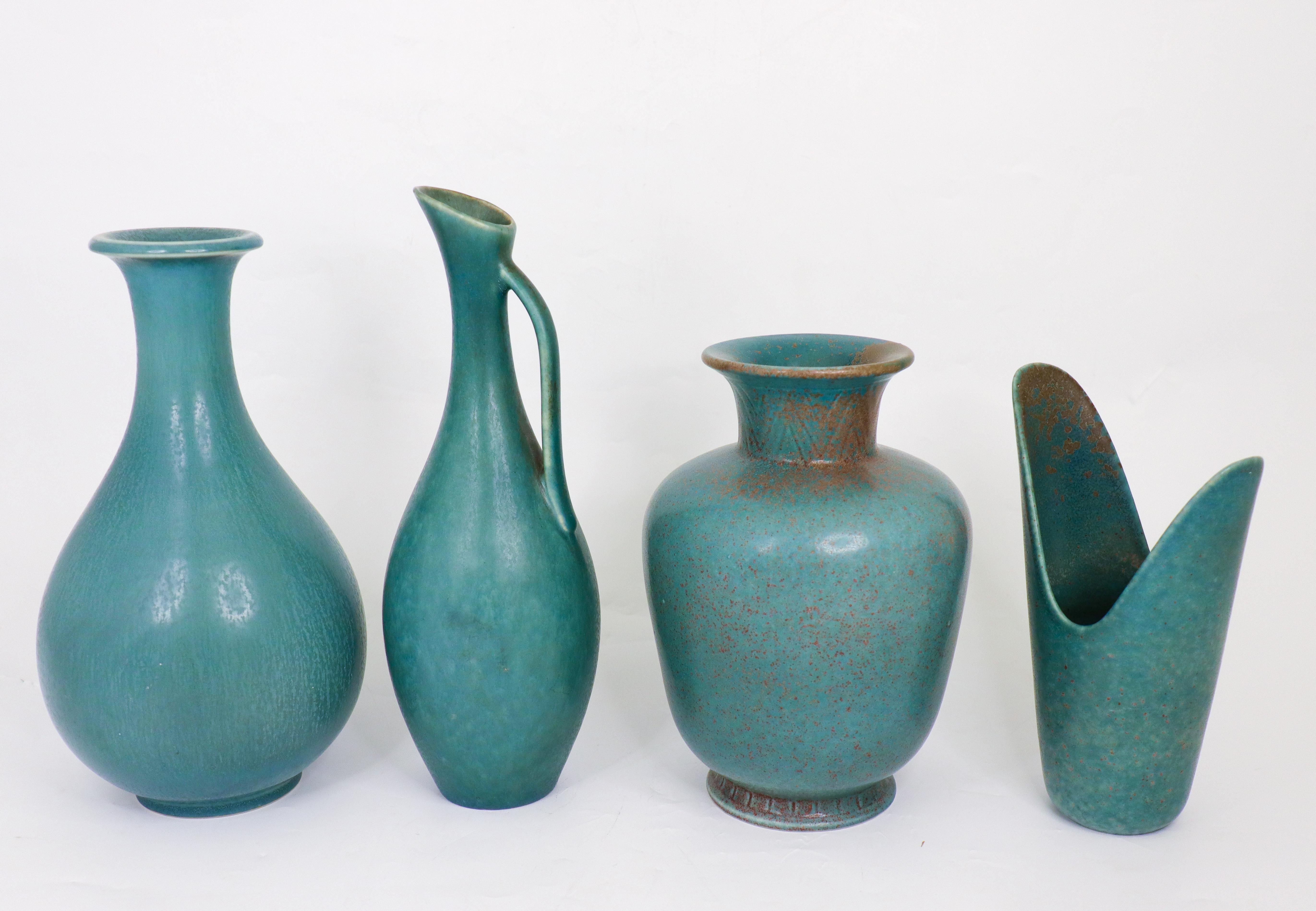 Scandinavian Modern Group of 4 Green / Turquoise Ceramic Vases - Rörstrand - Gunnar Nylund -  For Sale