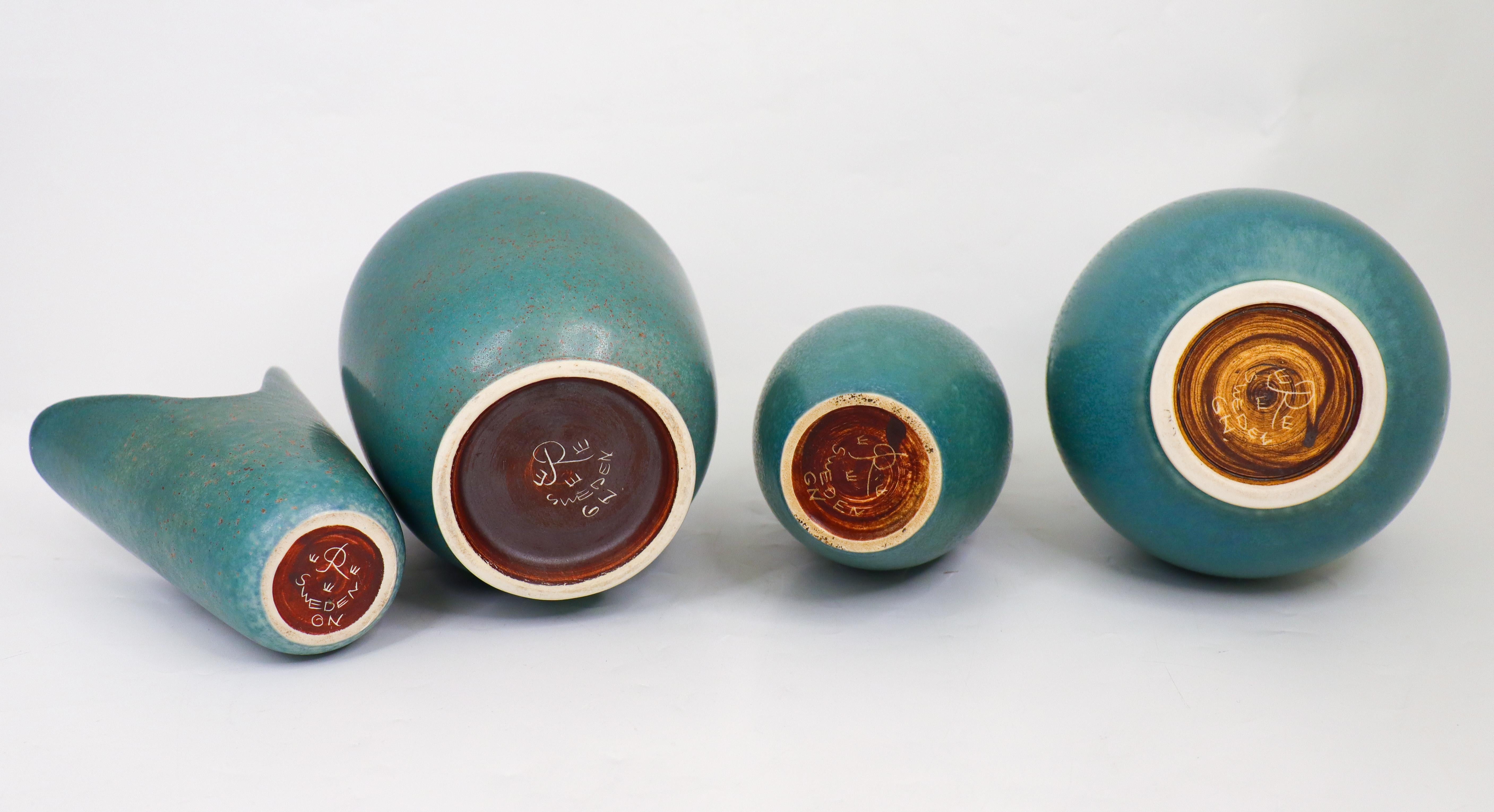 Porcelain Group of 4 Green / Turquoise Ceramic Vases - Rörstrand - Gunnar Nylund -  For Sale