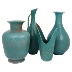 Groupe de 4 vases en céramique vert / turquoise - Rörstrand - Gunnar Nylund - 