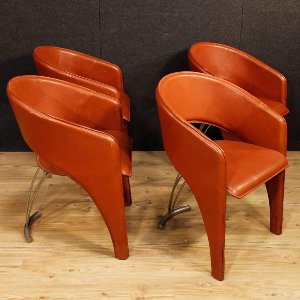 Group of Four Italian Design Chairs in Leather and Metal from 20th Century 4