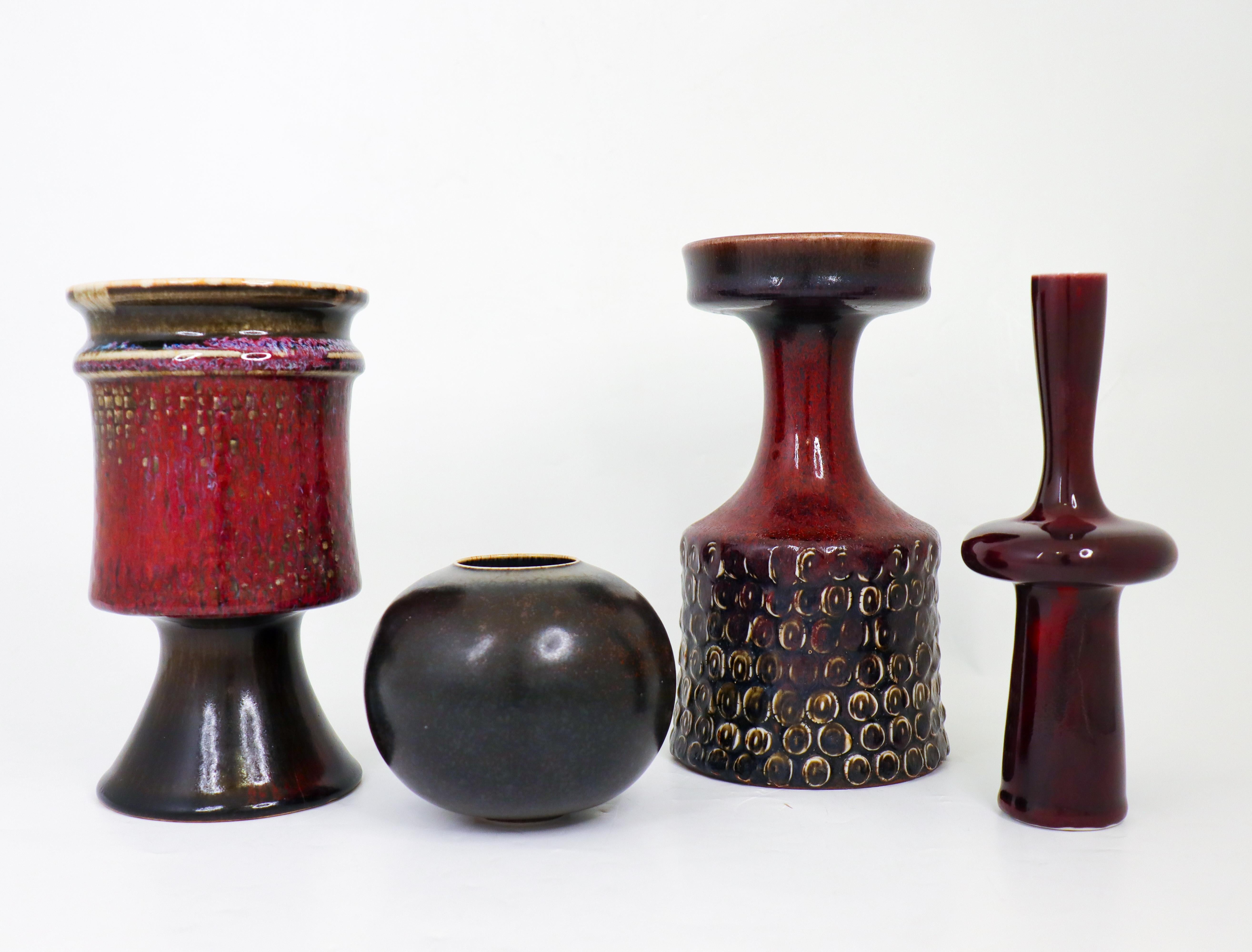 Scandinavian Modern Group of 4 Red & Black Ceramic Vases - Gustavsberg - Stig Lindberg  For Sale