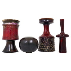 Vintage Group of 4 Red & Black Ceramic Vases - Gustavsberg - Stig Lindberg 