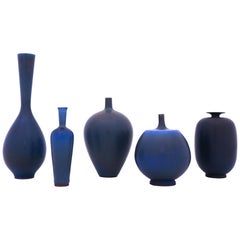 Group of 5 Blue Stoneware Vases, Berndt Friberg, Gustavsberg