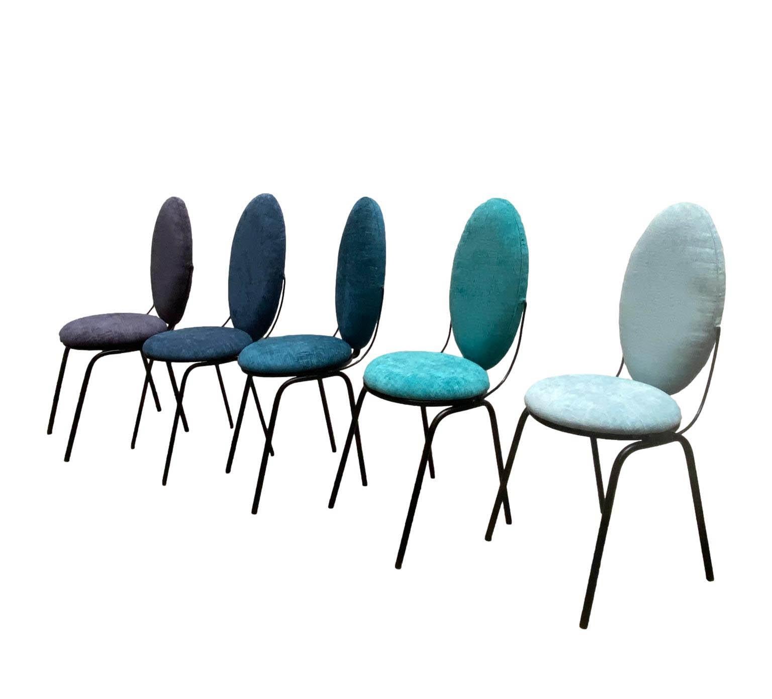 Set of 5 very original chairs with oval-shaped backrest, black painted metal structure and light blue / blue cotton upholstery. Italian manufacture, 1960's.