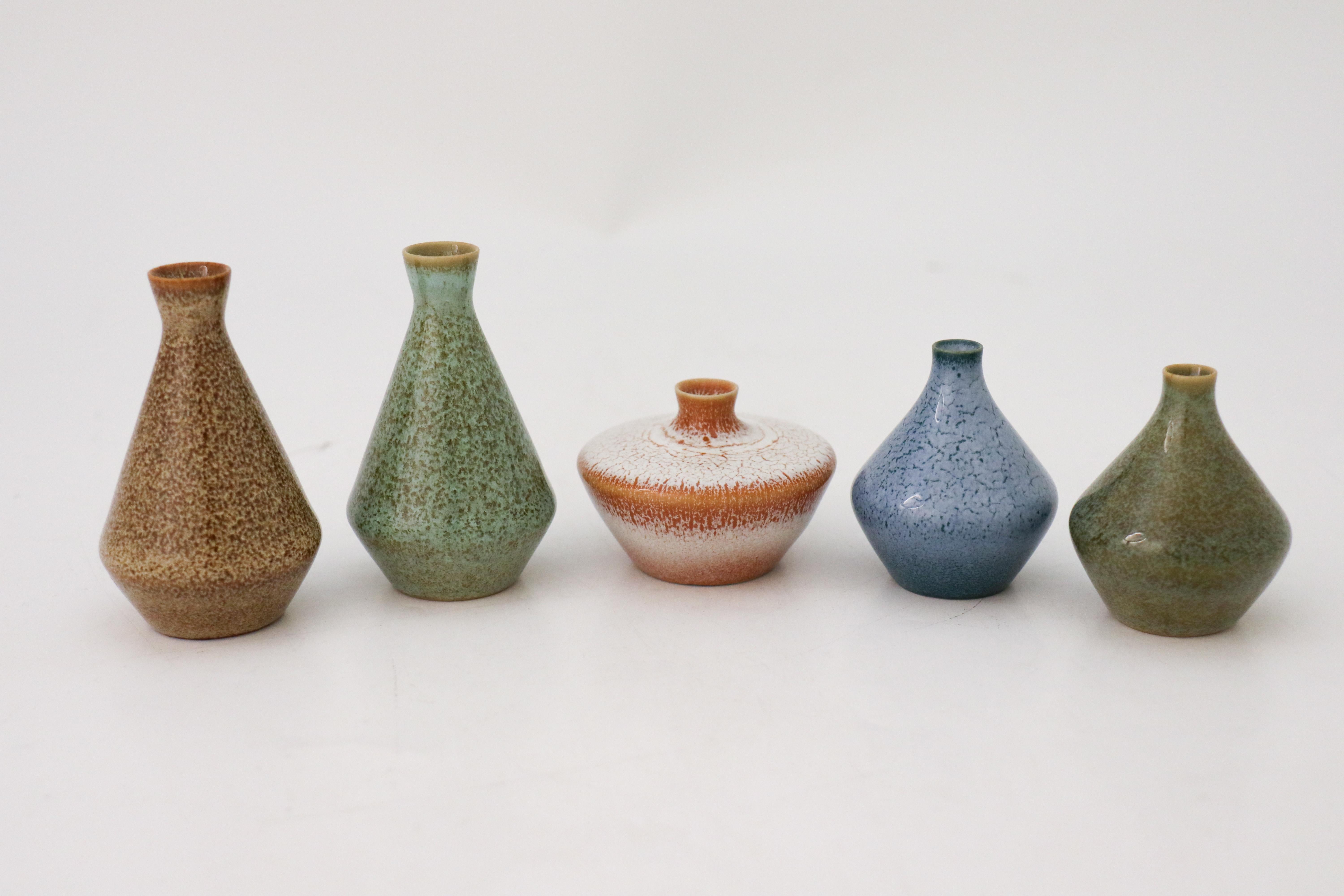 Glazed Group of 5 Miniature Vases, Bertil Lundgren, Rörstrand, Midcentury Vintage For Sale